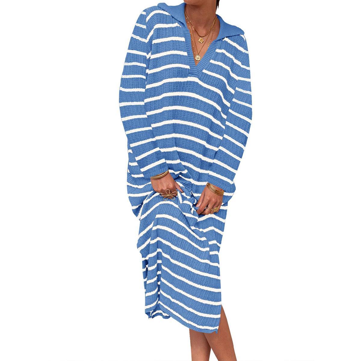 Light Blue-long sleeve Imily Bela Womens Striped Summer Dresses Short Sleeve V Neck Knit Collared Sexy Slit Loose Maxi Sweater Dress