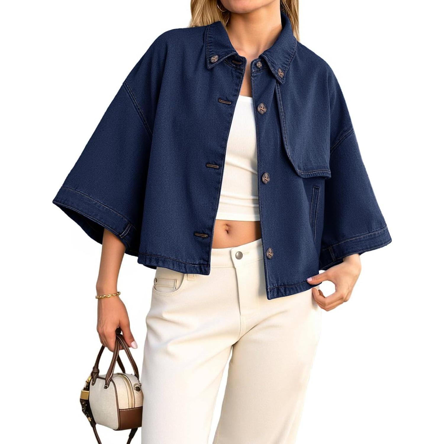 Navy Imily Bela Womens Cropped Denim Jackets Casual Button Down Jean Shirt Shacket Loose 3/4 Sleeve Coat with Pockets