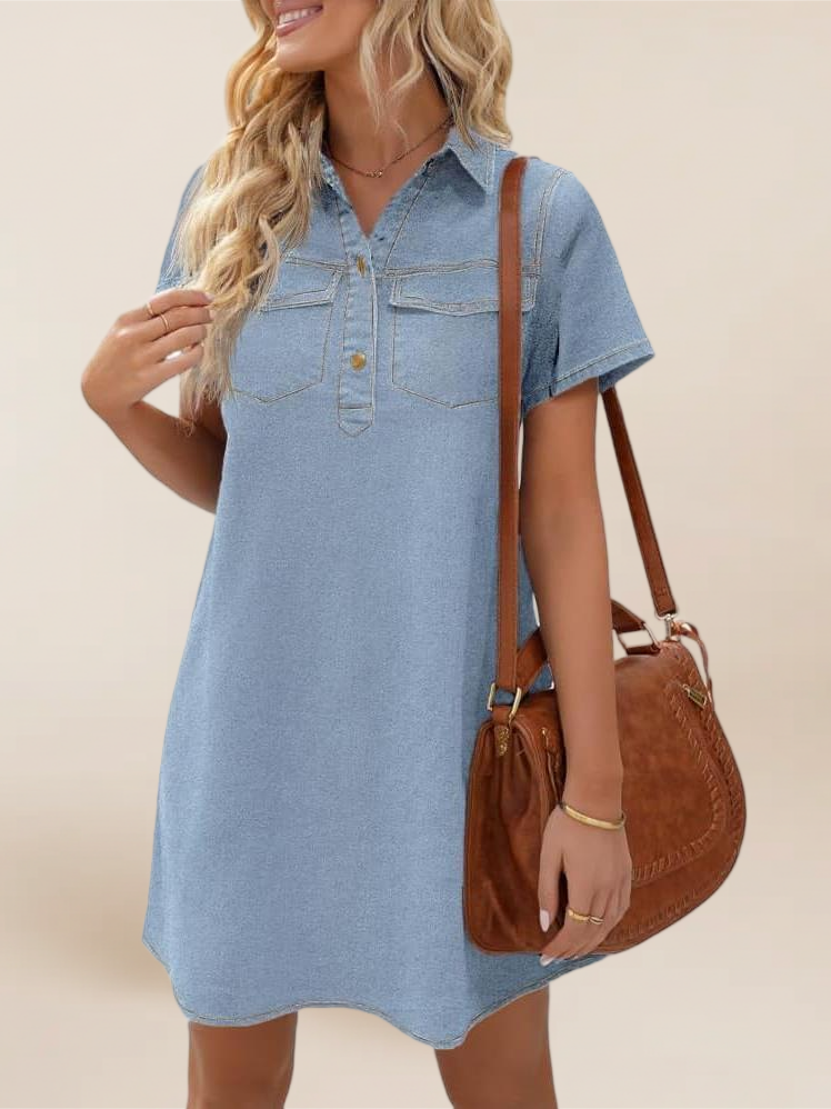 Imily Bela Women'S Short Sleeve Denim Dress Button Down Collared Loose Fit Summer Casual Jean Shirt Mini Dresses