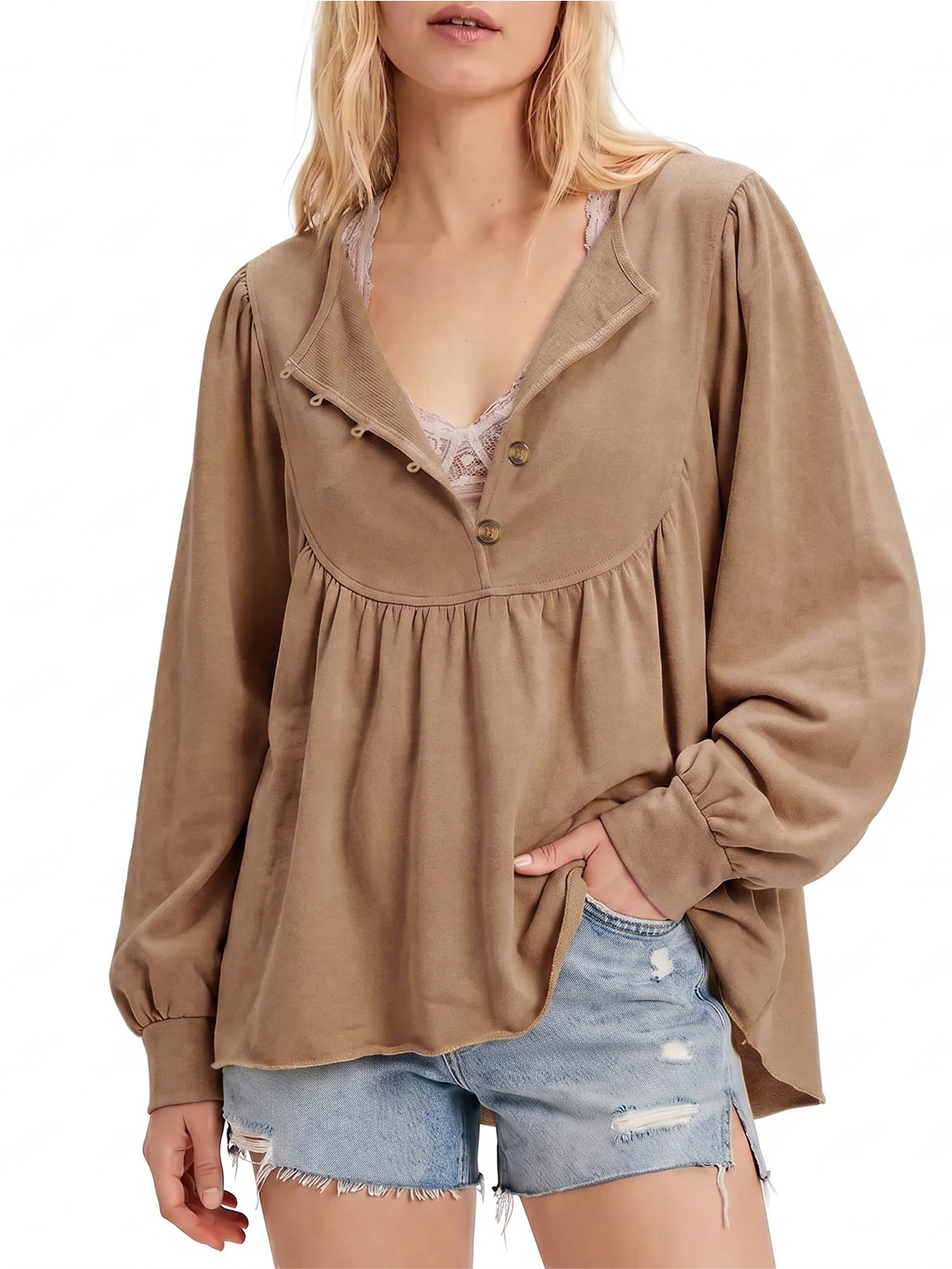 Imily Bela Raw-Hem Babydoll Henley Top