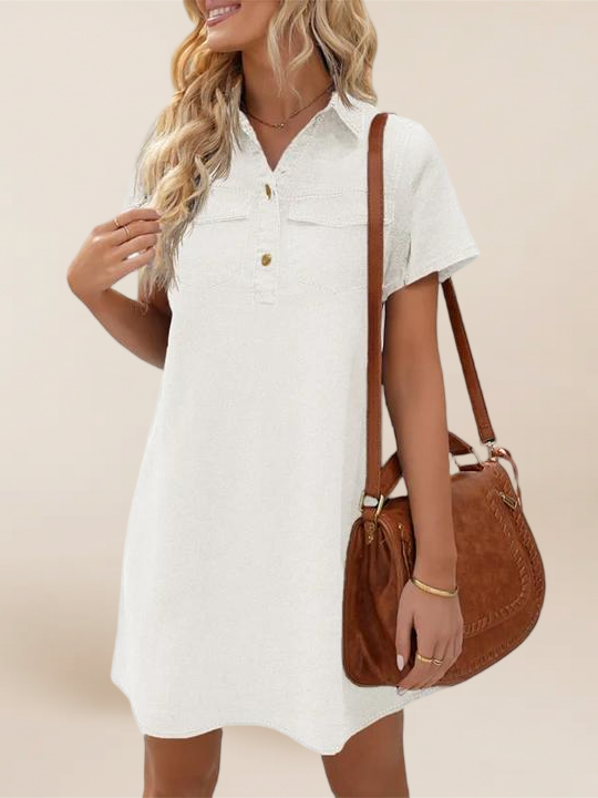 Imily Bela Women'S Short Sleeve Denim Dress Button Down Collared Loose Fit Summer Casual Jean Shirt Mini Dresses