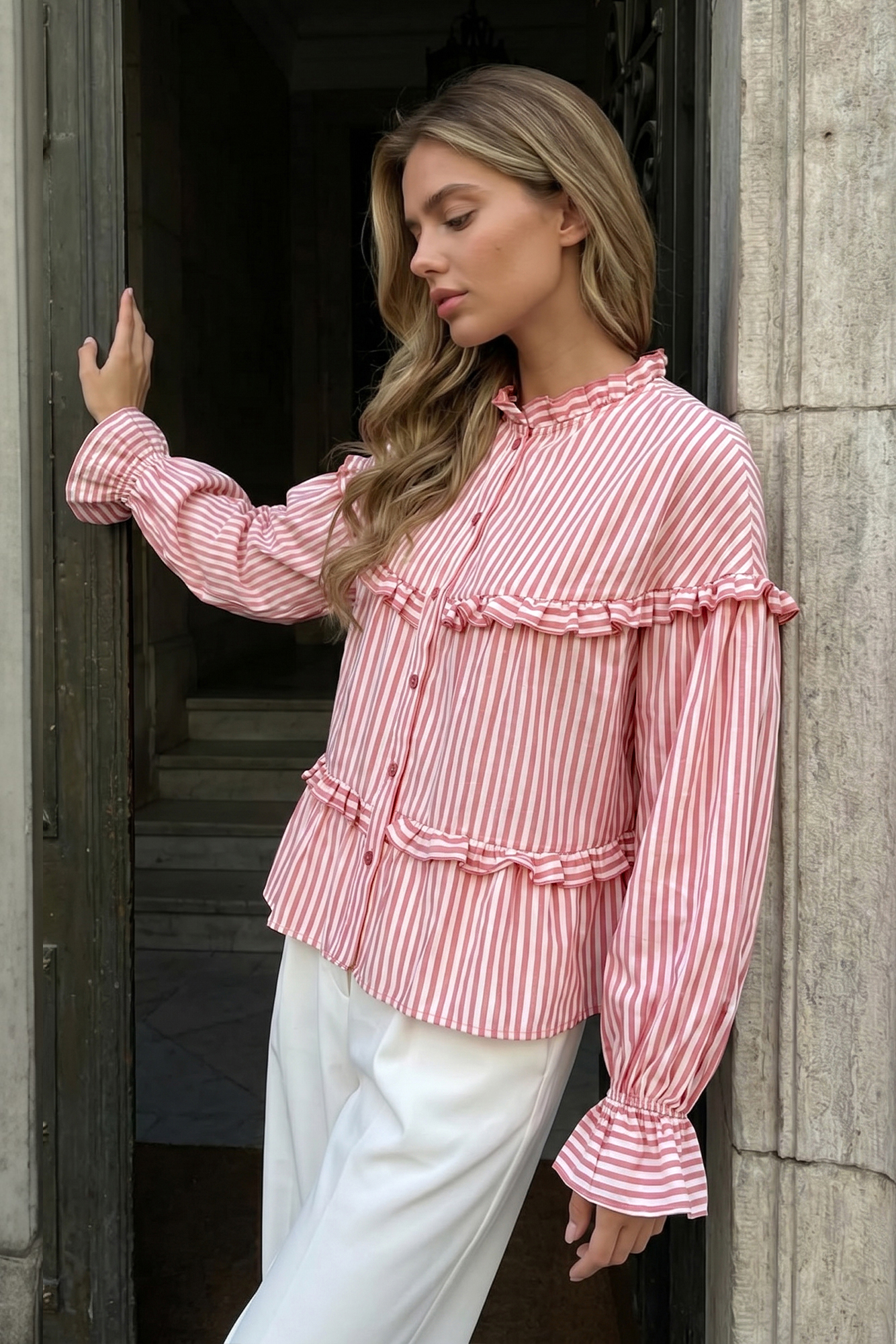 Tiered-Ruffle Striped Peplum Blouse