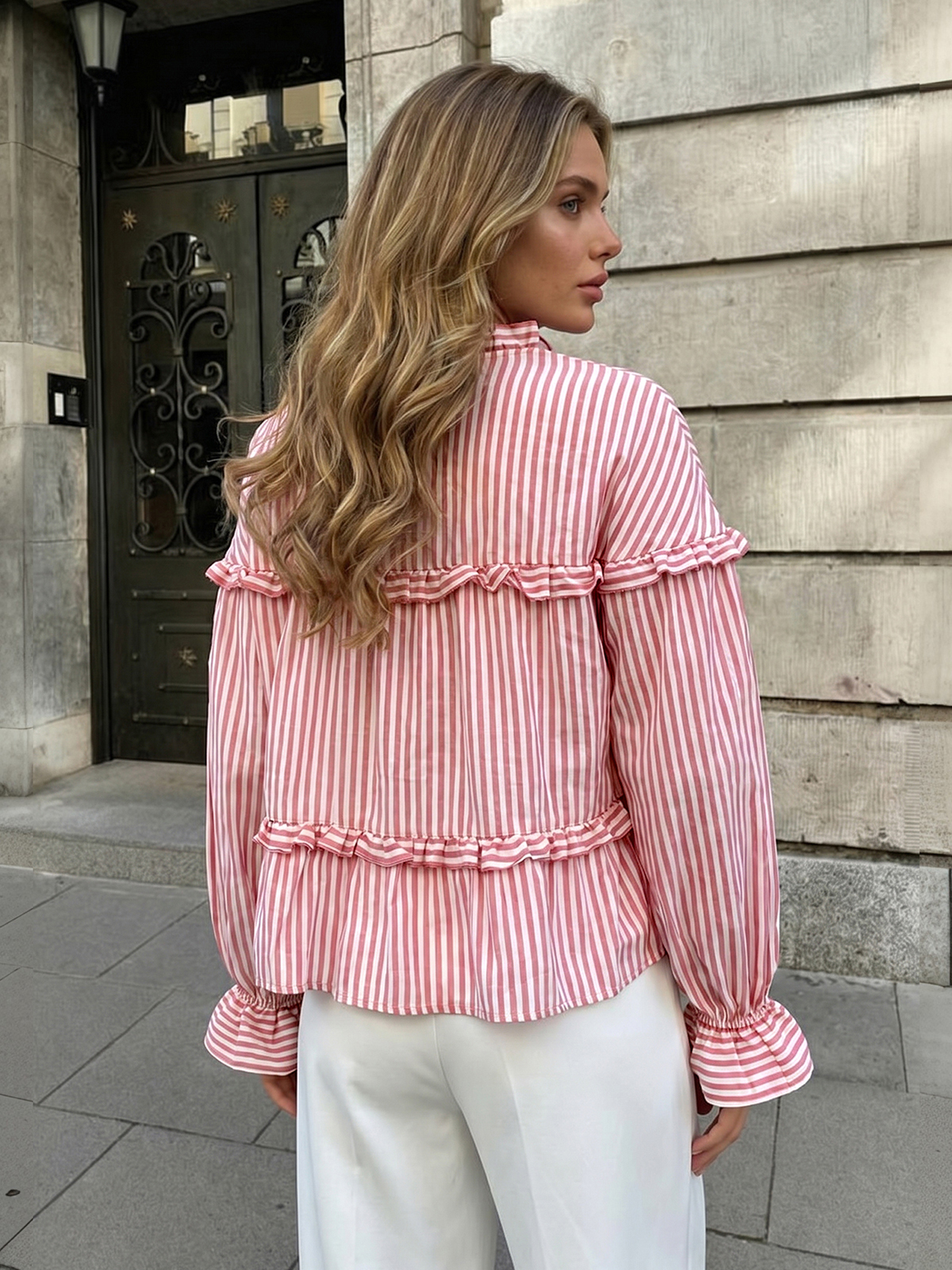 Tiered-Ruffle Striped Peplum Blouse