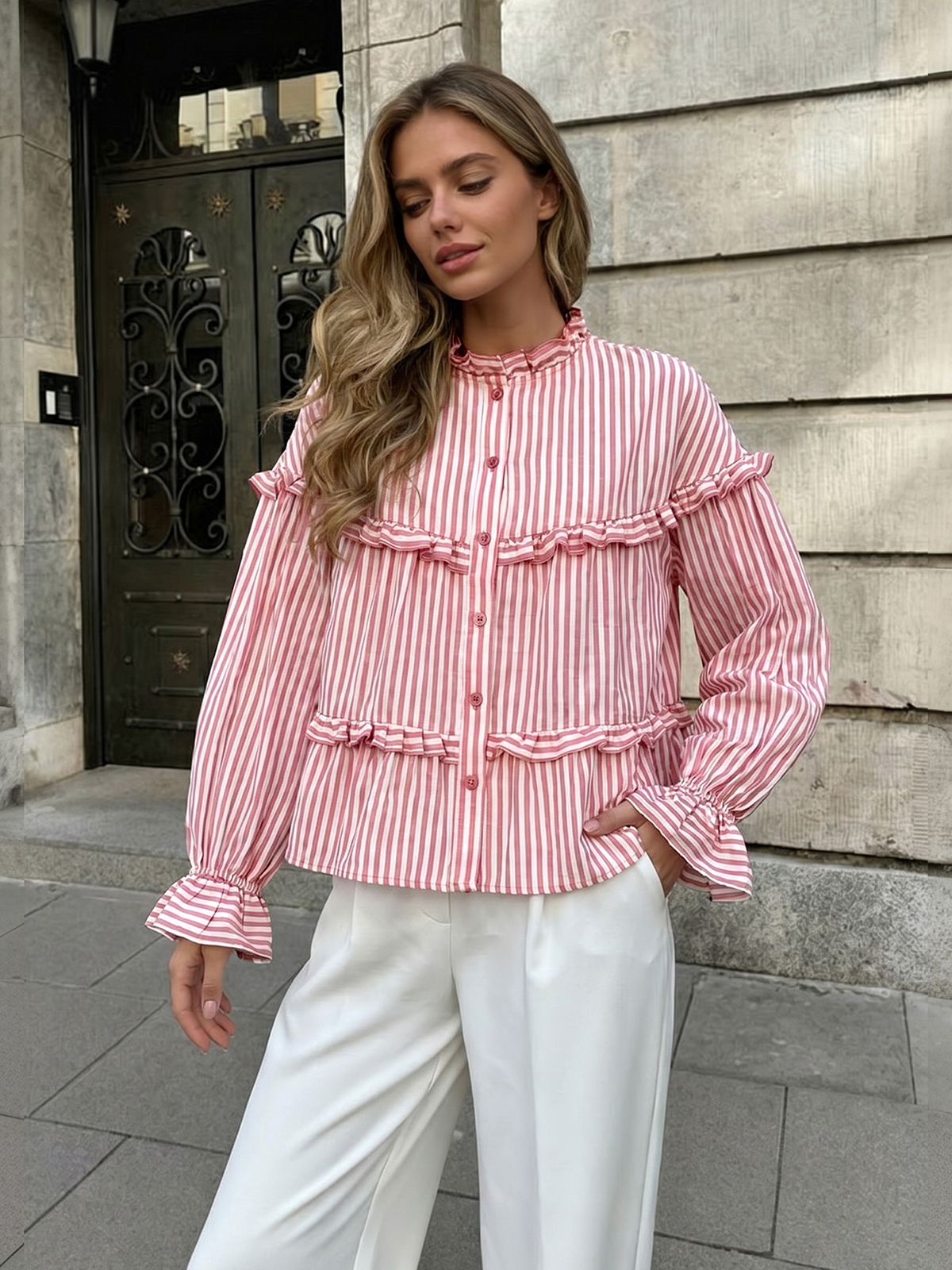 Tiered-Ruffle Striped Peplum Blouse