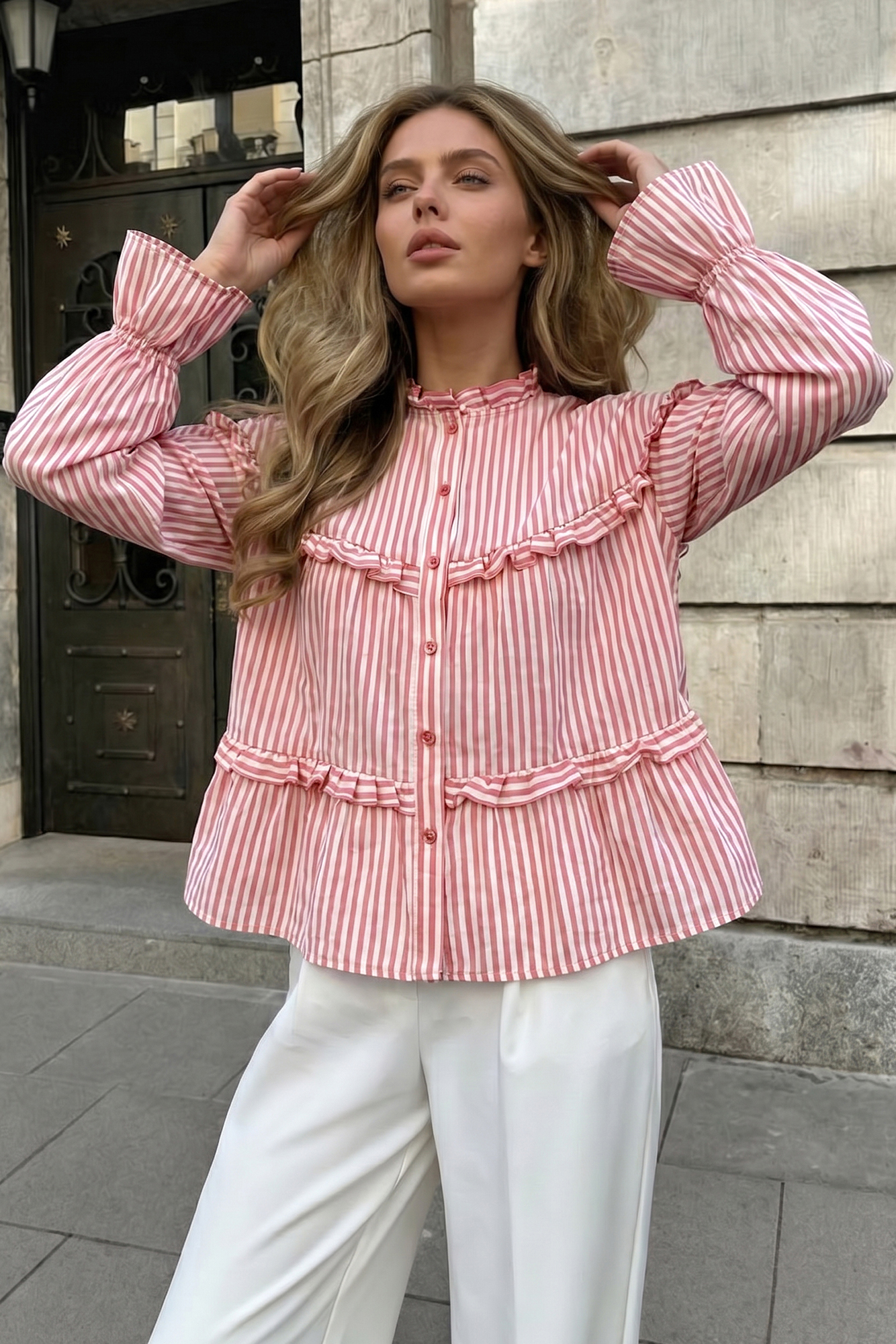 Tiered-Ruffle Striped Peplum Blouse