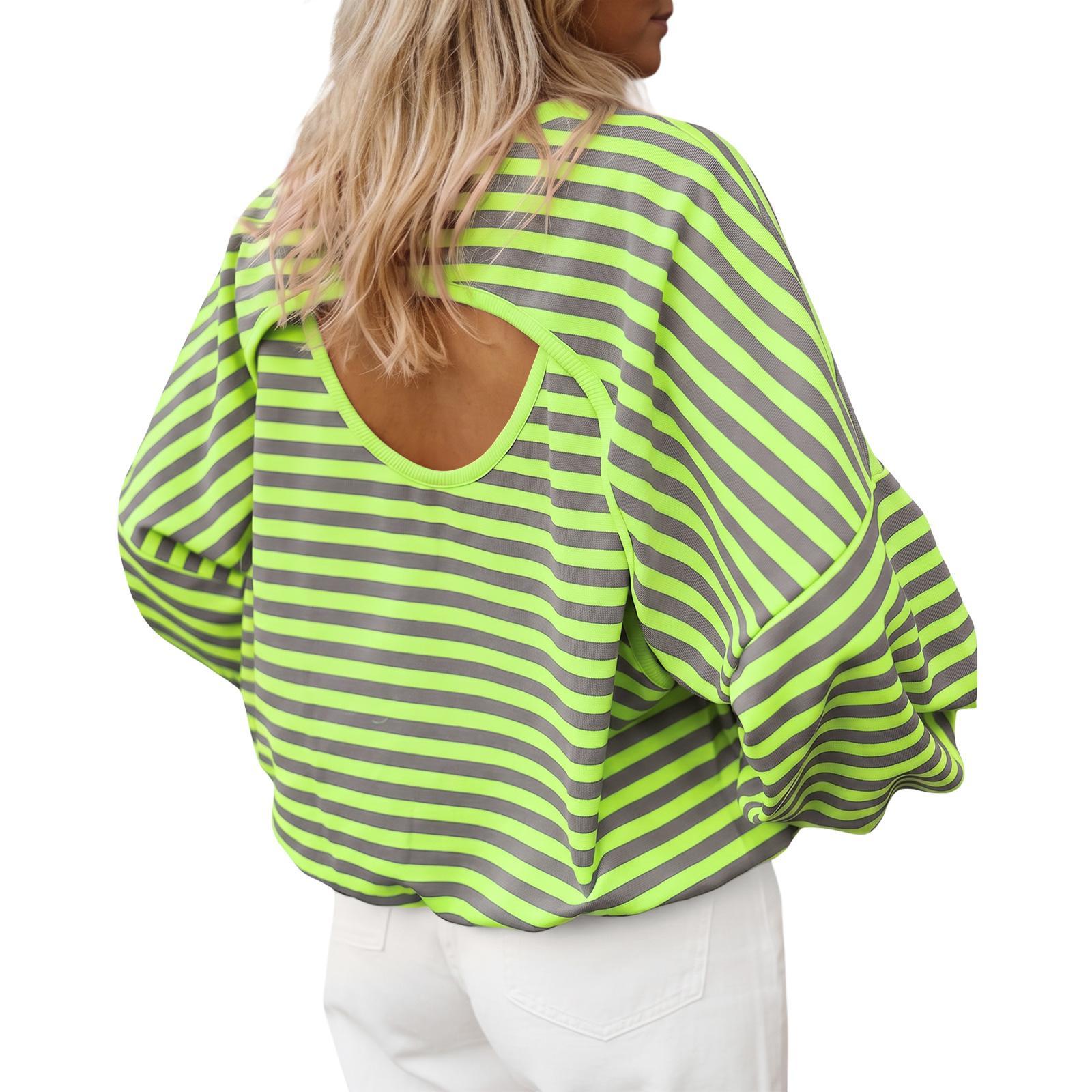 Imily Bela Women’s Striped Oversized Pullover Sweatshirt, Open Back Design, 2026 Cutout Back Pullover Top, Fashion Casual Long Sleeve Shirt