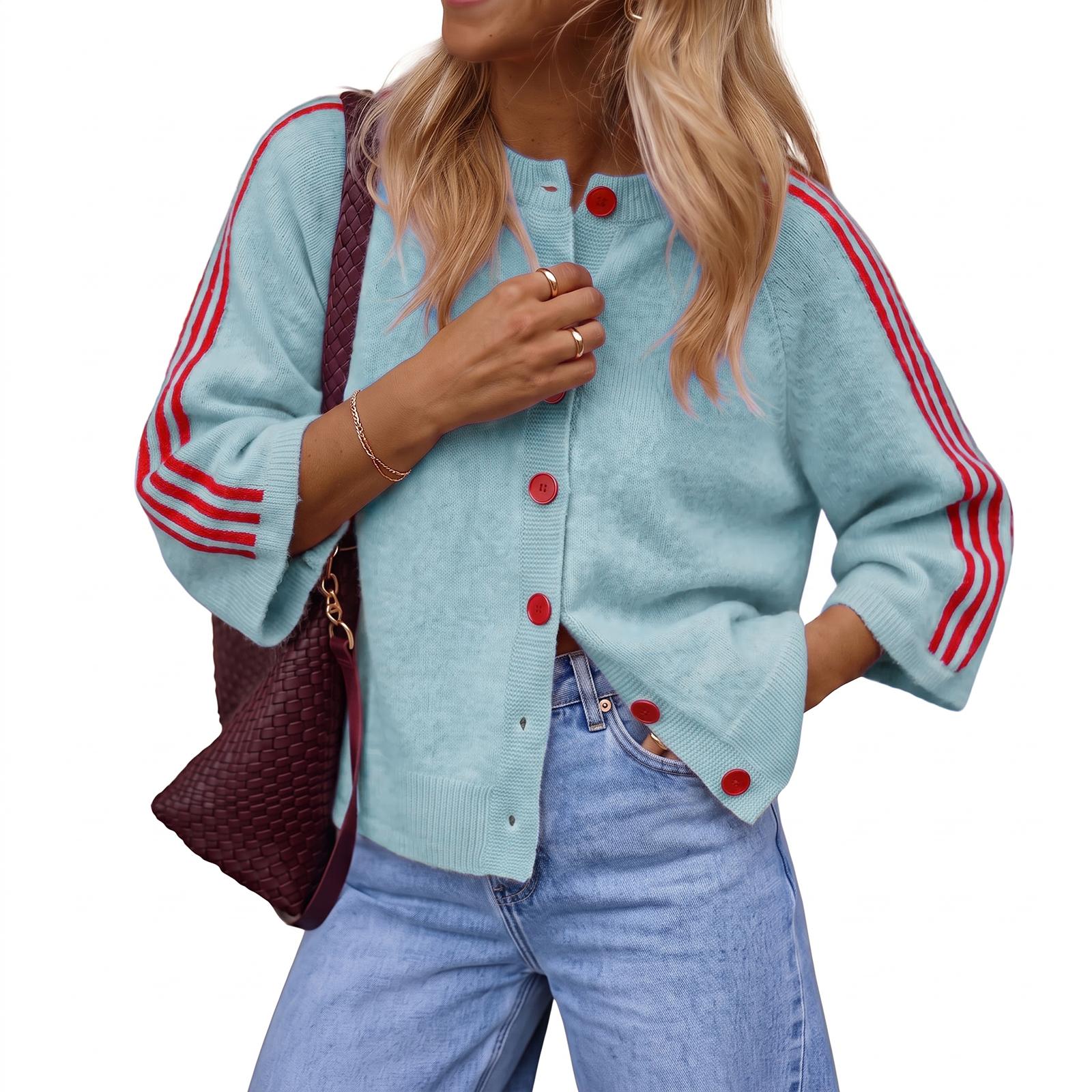 Light Blue Imily Bela Women Striped 3/4 Sleeve Knit Cardigan Casual Crew Neck Button Down Cropped Sweater Jacket Y2K Fall Outfits Striped Knitted Cardigan Knitting Cardigan