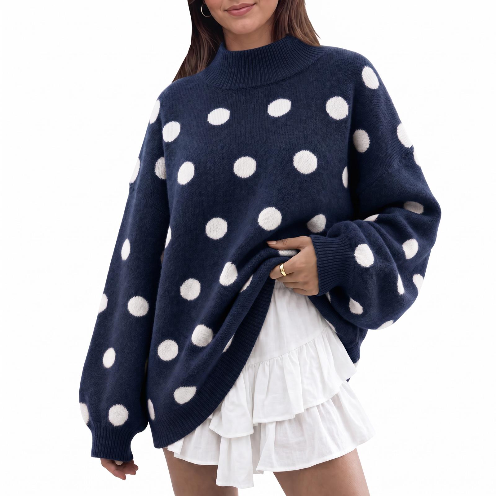 Polka Dot-Navy Blue Imily Bela【Oversized】Womens Sweaters Mock Neck Batwing Long Sleeve Fall Trendy Ribbed Knit Casual Tunic Sweater