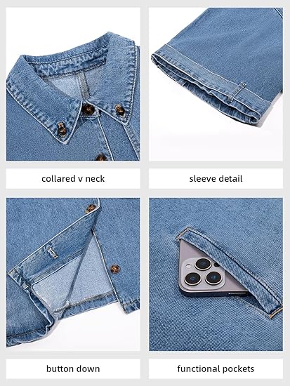 Imily Bela Womens Cropped Denim Jackets Casual Button Down Jean Shirt Shacket Loose 3/4 Sleeve Coat with Pockets
