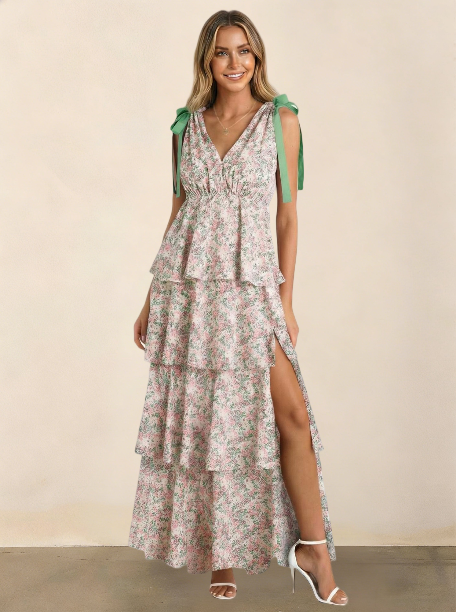 Imily Bela Womens Summer Floral Maxi Dress Tie Strap Sleeveless V Neck High Slit Boho Ruffle Tiered Beach Dresses