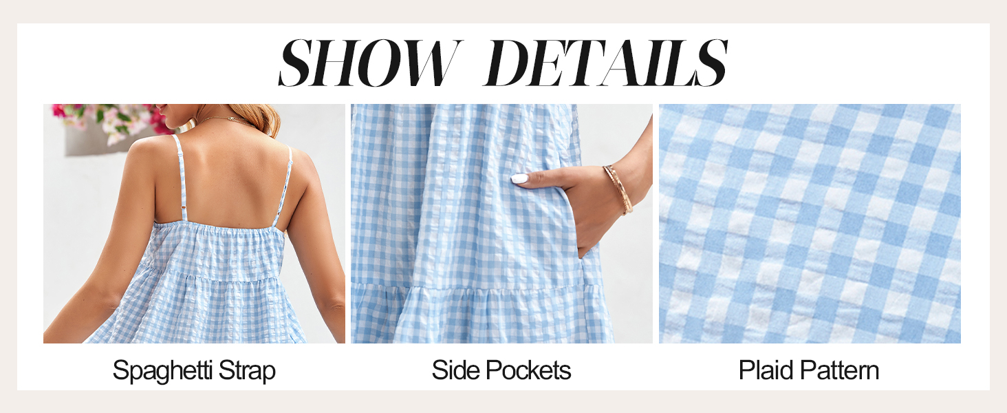 Imily Bela Womens Plaid A-line Dresses Shoulder Straps Ruffle Hem Casual Mini Dress with Side Pocket