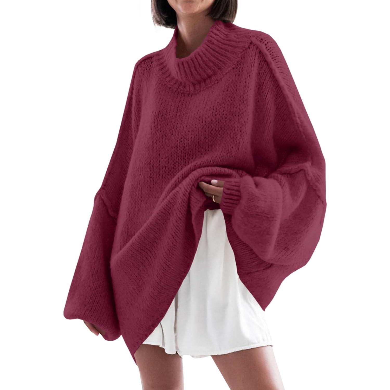 Wine Red Imily Bela【Oversized】Womens Sweaters Mock Neck Batwing Long Sleeve Fall Trendy Ribbed Knit Casual Tunic Sweater