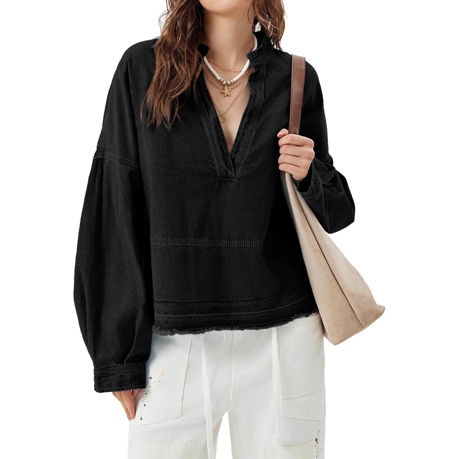 Black-1 Imily Bela S~2XL Womenswear FallFreshness Denim Pullover Casual Comfort Button V Neck Blouse Loose Fit Tops Longsleeves Jean Jacket With Pocket