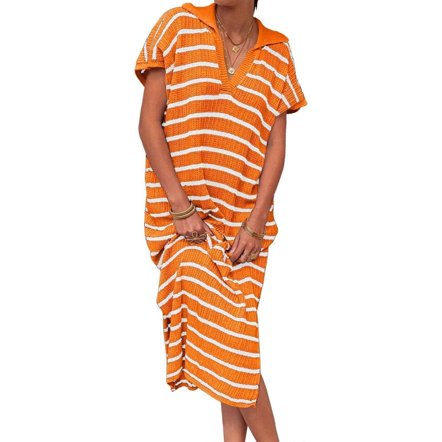 Orange Imily Bela Womens Striped Summer Dresses Short Sleeve V Neck Knit Collared Sexy Slit Loose Maxi Sweater Dress