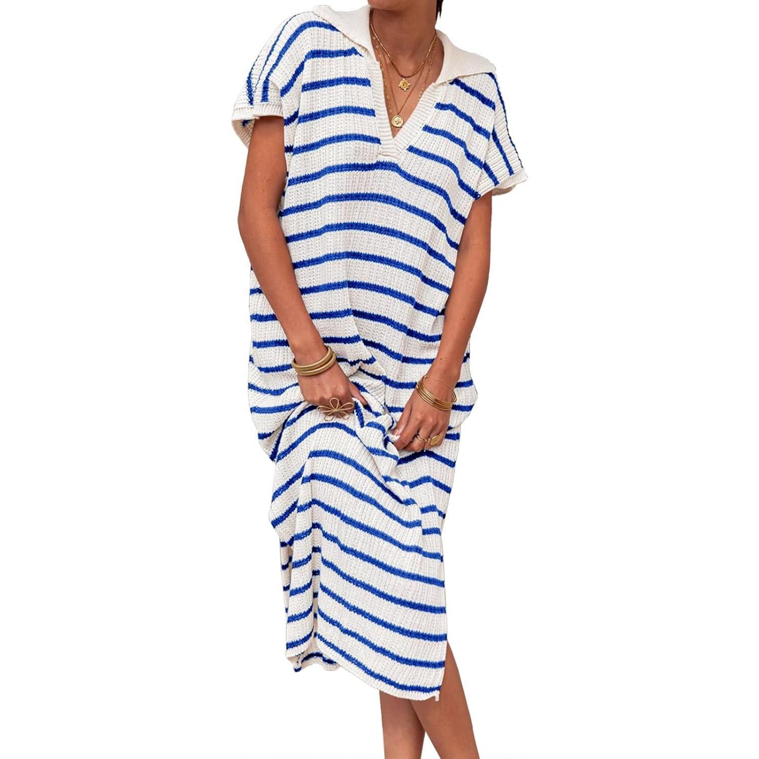 Imily Bela Womens Striped Summer Dresses Short Sleeve V Neck Knit Collared Sexy Slit Loose Maxi Sweater Dress