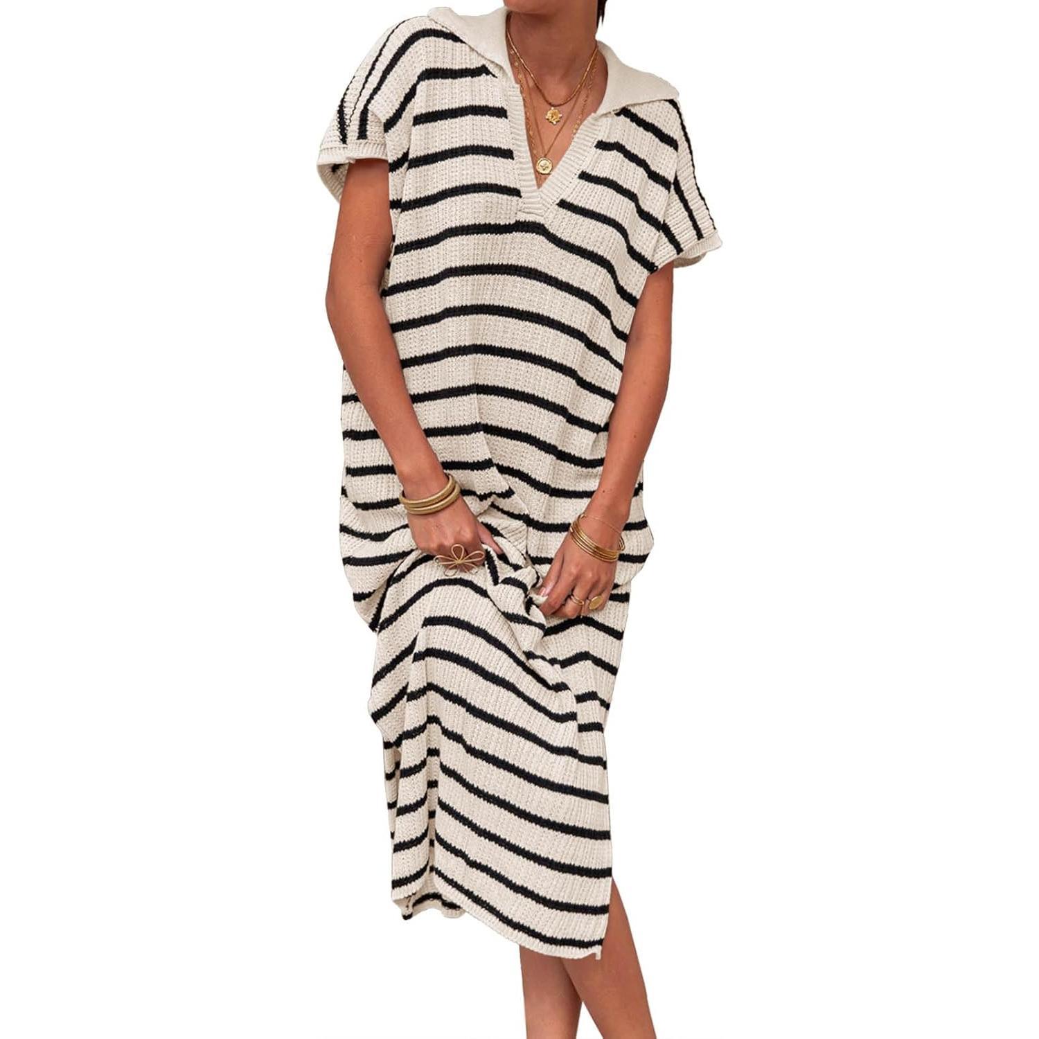 Beige Imily Bela Womens Striped Summer Dresses Short Sleeve V Neck Knit Collared Sexy Slit Loose Maxi Sweater Dress