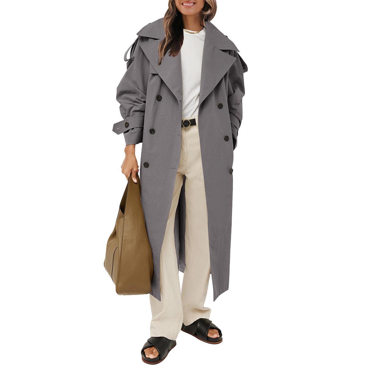 Imily Bela Womens Oversized Long Trench Coat Double Breasted Lapel Windproof Overcoat with Belt