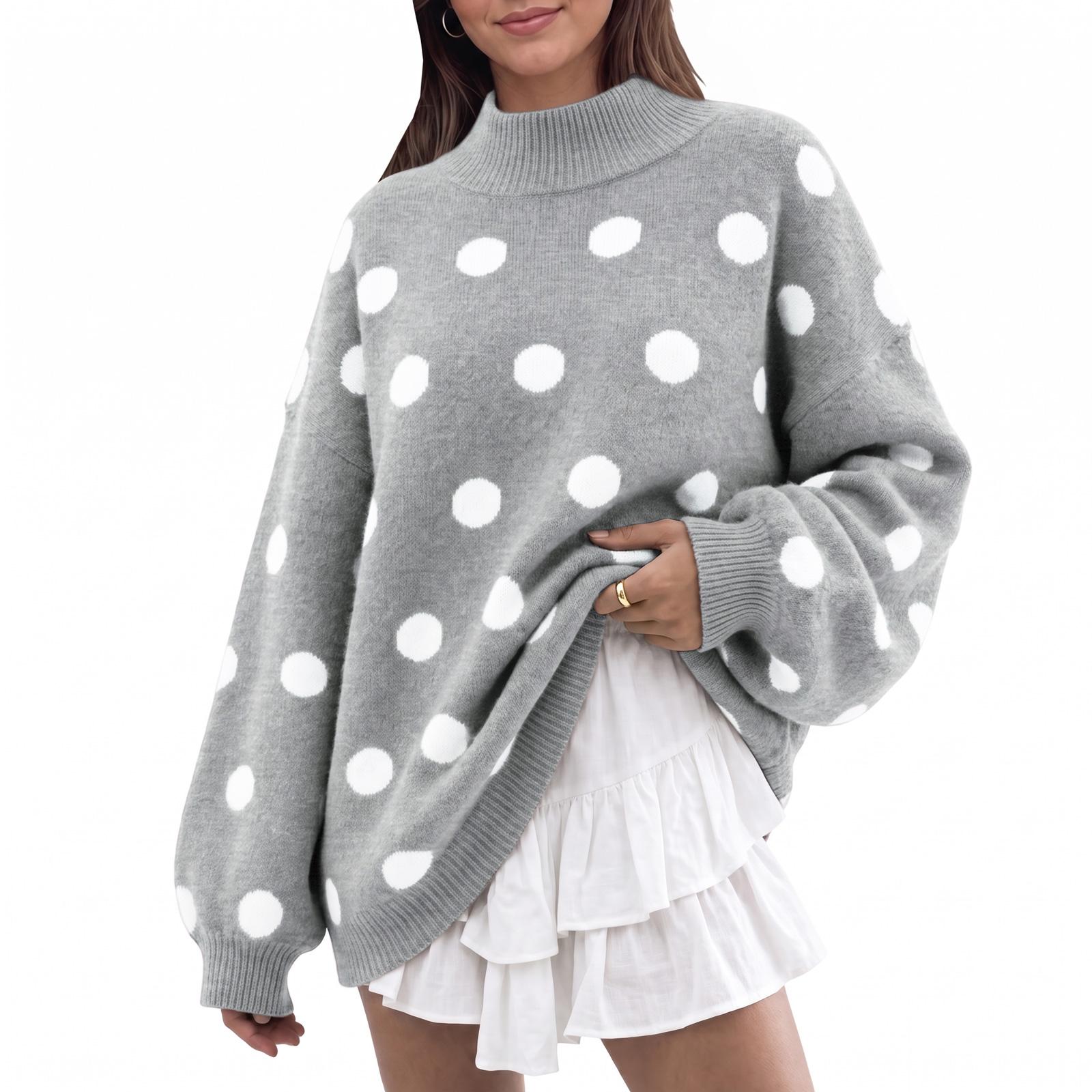Polka Dot-Grey Imily Bela【Oversized】Womens Sweaters Mock Neck Batwing Long Sleeve Fall Trendy Ribbed Knit Casual Tunic Sweater