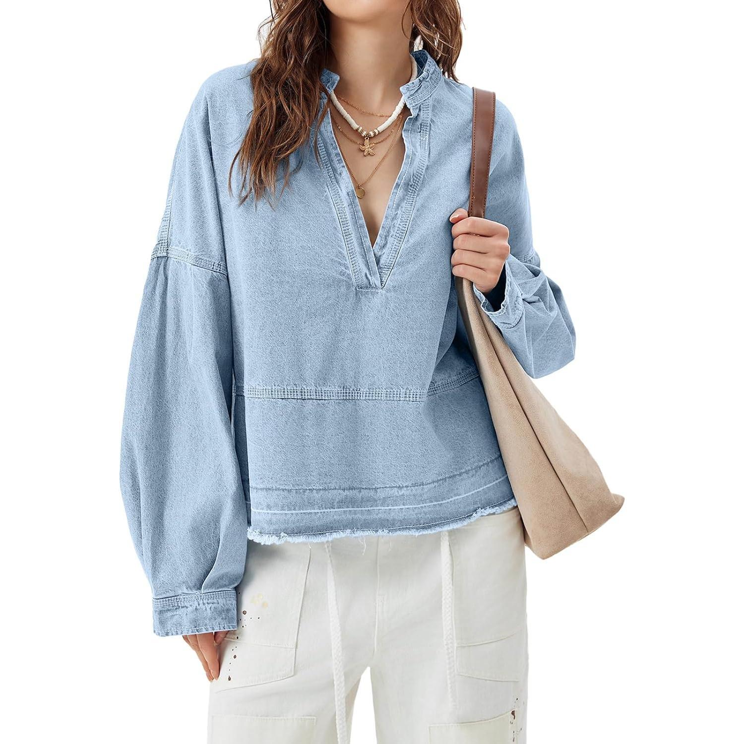 Haze Blue-1 Imily Bela S~2XL Womenswear FallFreshness Denim Pullover Casual Comfort Button V Neck Blouse Loose Fit Tops Longsleeves Jean Jacket With Pocket