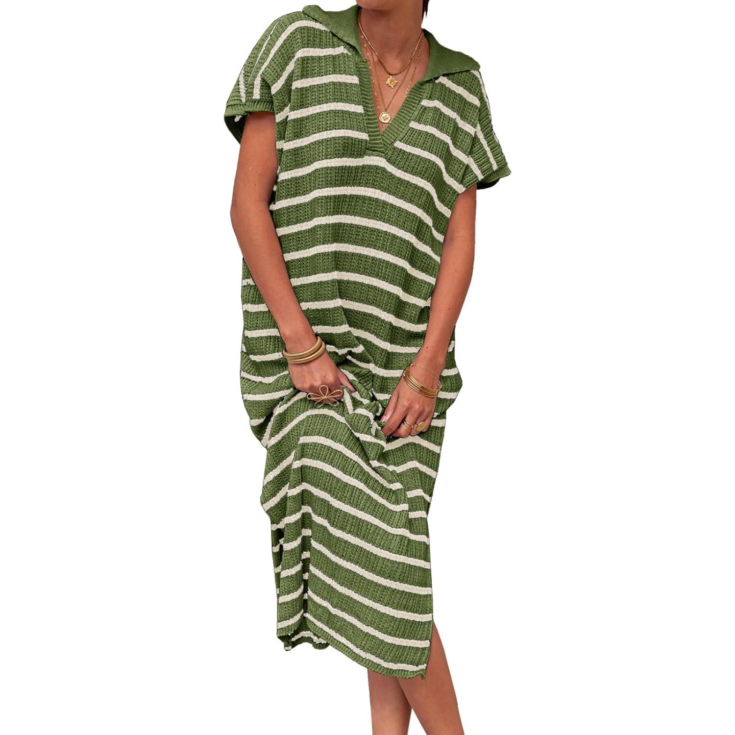 Imily Bela Womens Striped Summer Dresses Short Sleeve V Neck Knit Collared Sexy Slit Loose Maxi Sweater Dress