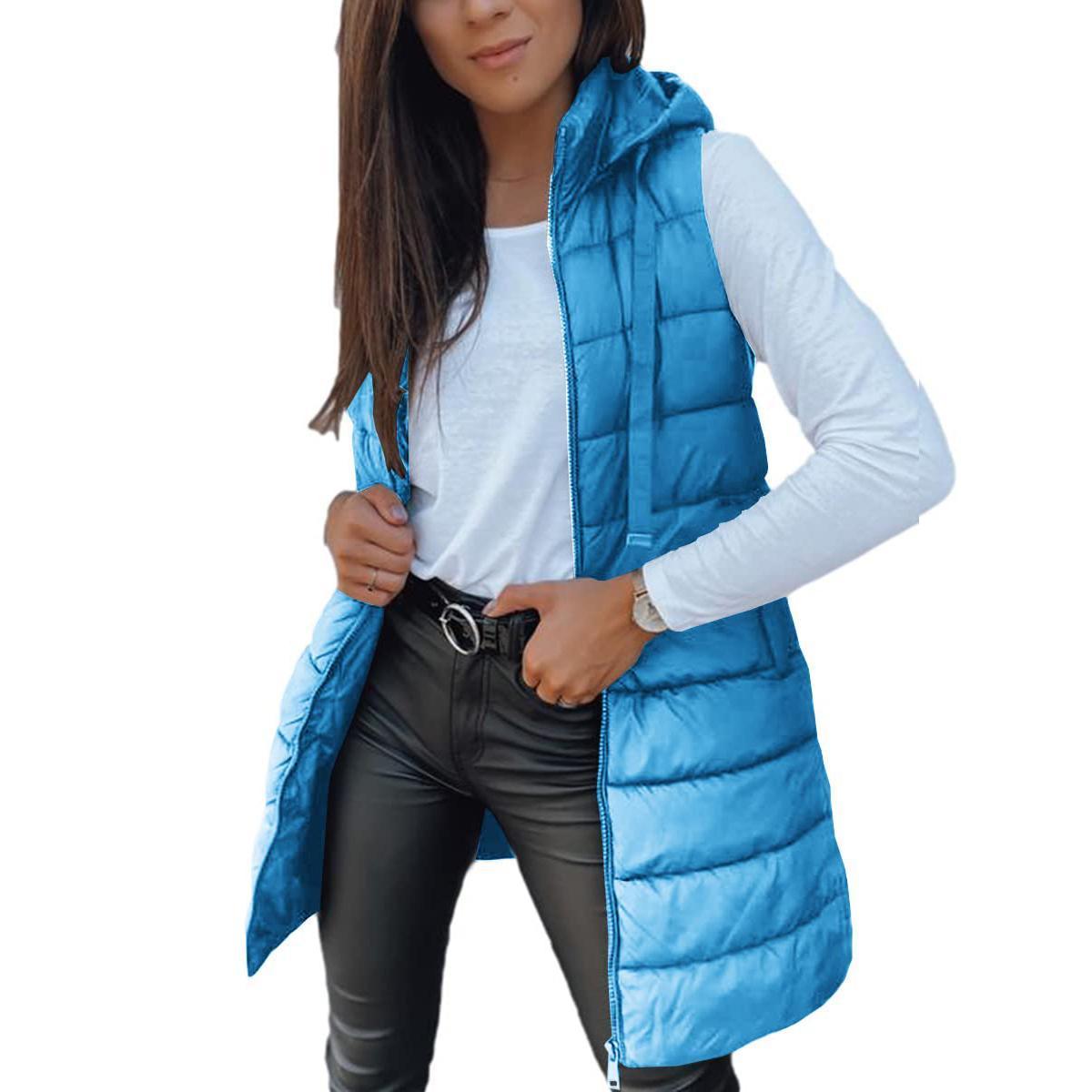 Imily Bela Women Long Vest Solid Color Sleeveless Hood Winter Puffer Vest Outwear