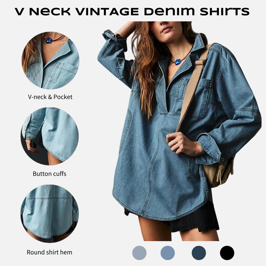 Imily Bela S~2XL Womenswear FallFreshness Denim Pullover Casual Comfort Button V Neck Blouse Loose Fit Tops Longsleeves Jean Jacket With Pocket