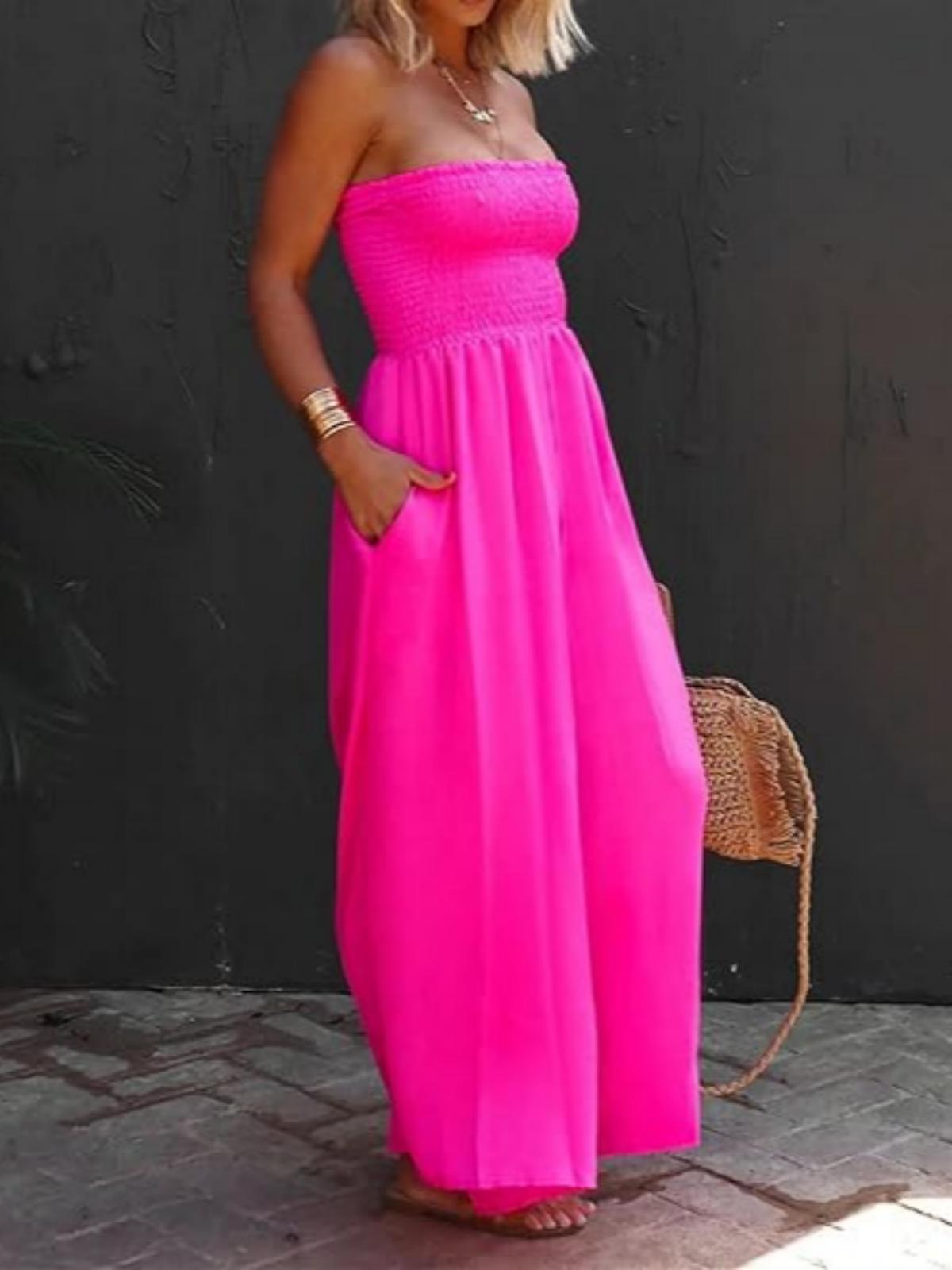 Imily Bela Womens Sleeveless Strapless Wide Leg Jumpsuits Summer Casual Loose Smocked Chiffon Jumpsuit Rompers with Pockets