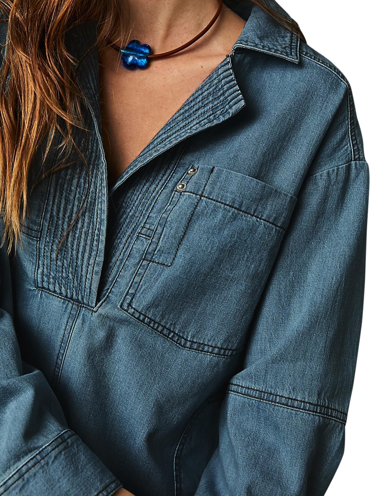 Imily Bela S~2XL Womenswear FallFreshness Denim Pullover Casual Comfort Button V Neck Blouse Loose Fit Tops Longsleeves Jean Jacket With Pocket