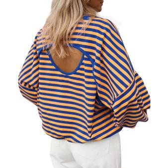 Yellow&Blue Imily Bela Women’s Striped Oversized Pullover Sweatshirt, Open Back Design, 2026 Cutout Back Pullover Top, Fashion Casual Long Sleeve Shirt