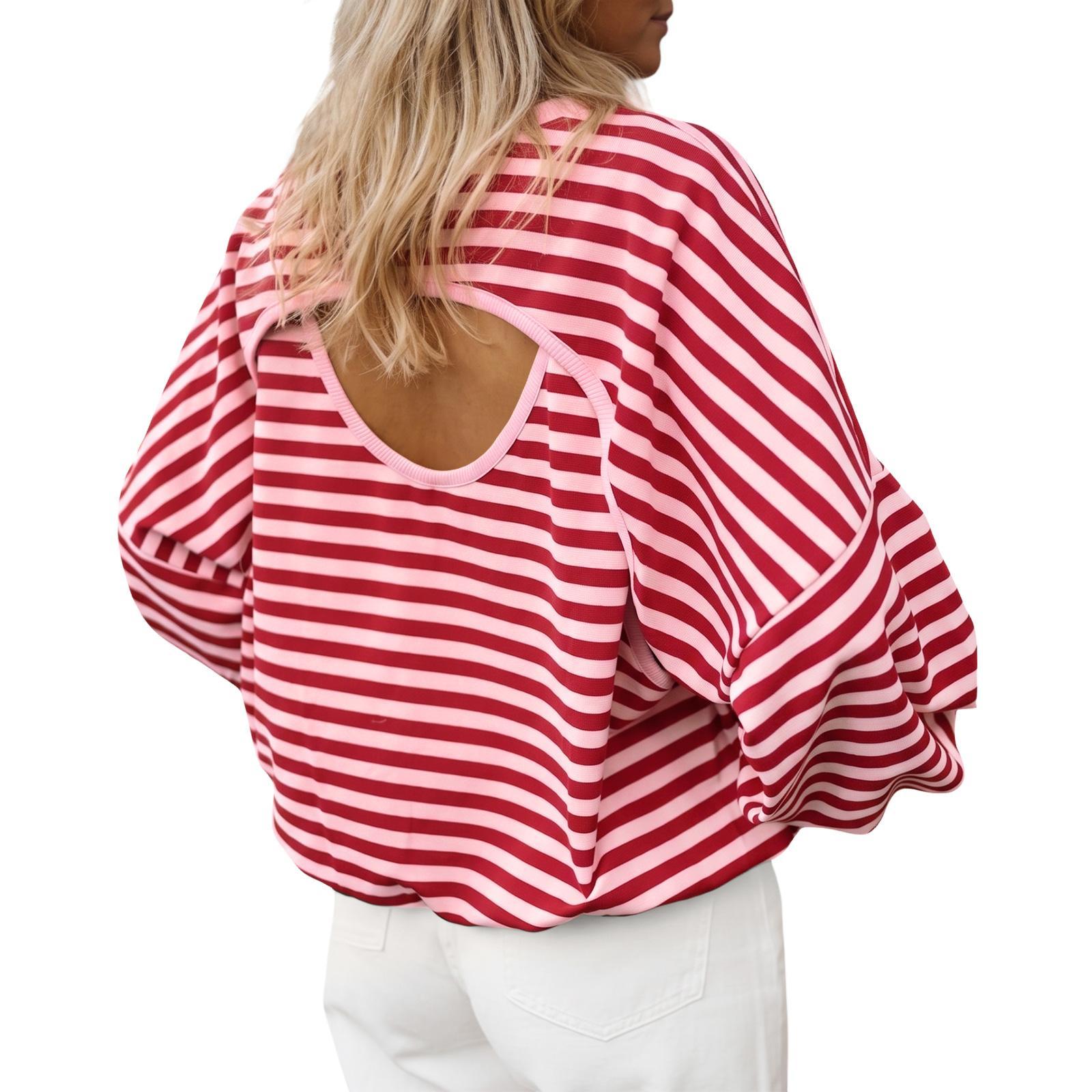 Red Imily Bela Women’s Striped Oversized Pullover Sweatshirt, Open Back Design, 2026 Cutout Back Pullover Top, Fashion Casual Long Sleeve Shirt