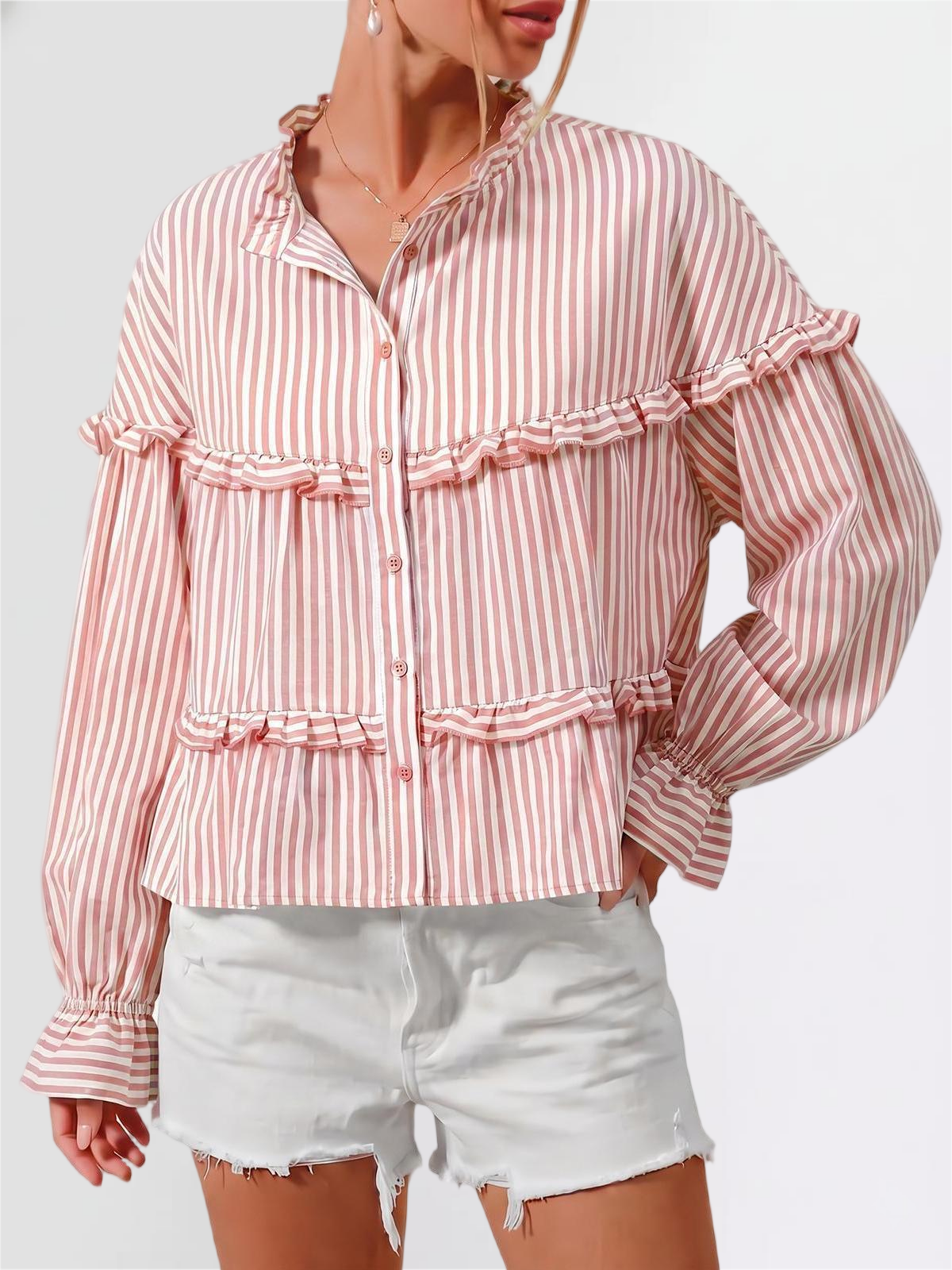 Tiered-Ruffle Striped Peplum Blouse