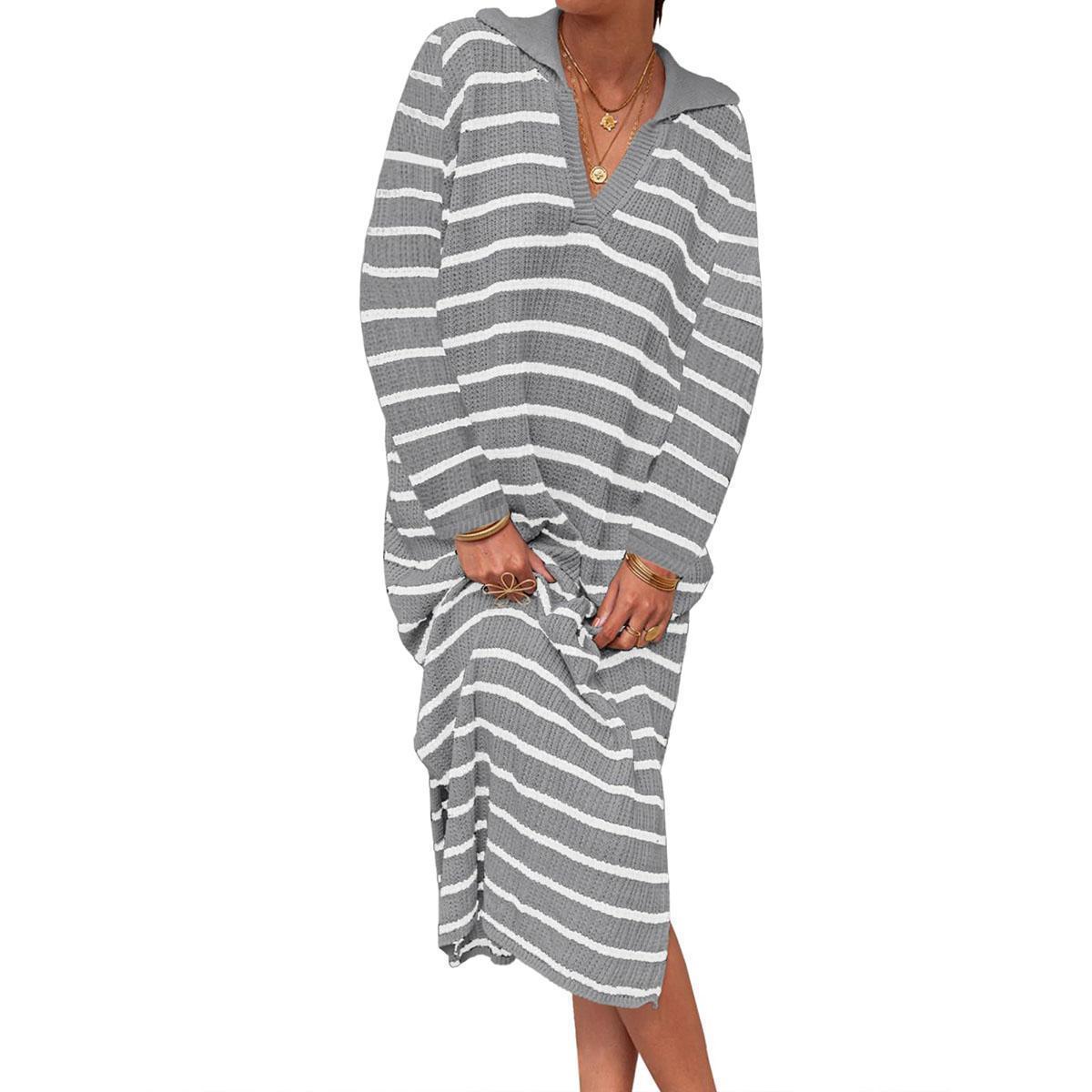 Grey-long sleeve Imily Bela Womens Striped Summer Dresses Short Sleeve V Neck Knit Collared Sexy Slit Loose Maxi Sweater Dress
