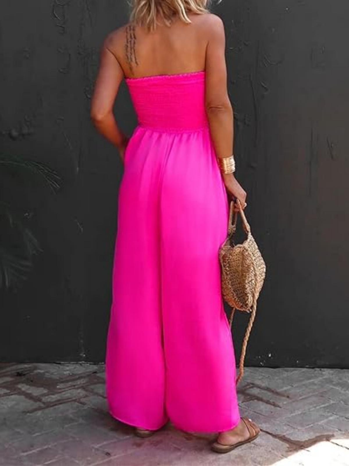 Imily Bela Womens Sleeveless Strapless Wide Leg Jumpsuits Summer Casual Loose Smocked Chiffon Jumpsuit Rompers with Pockets