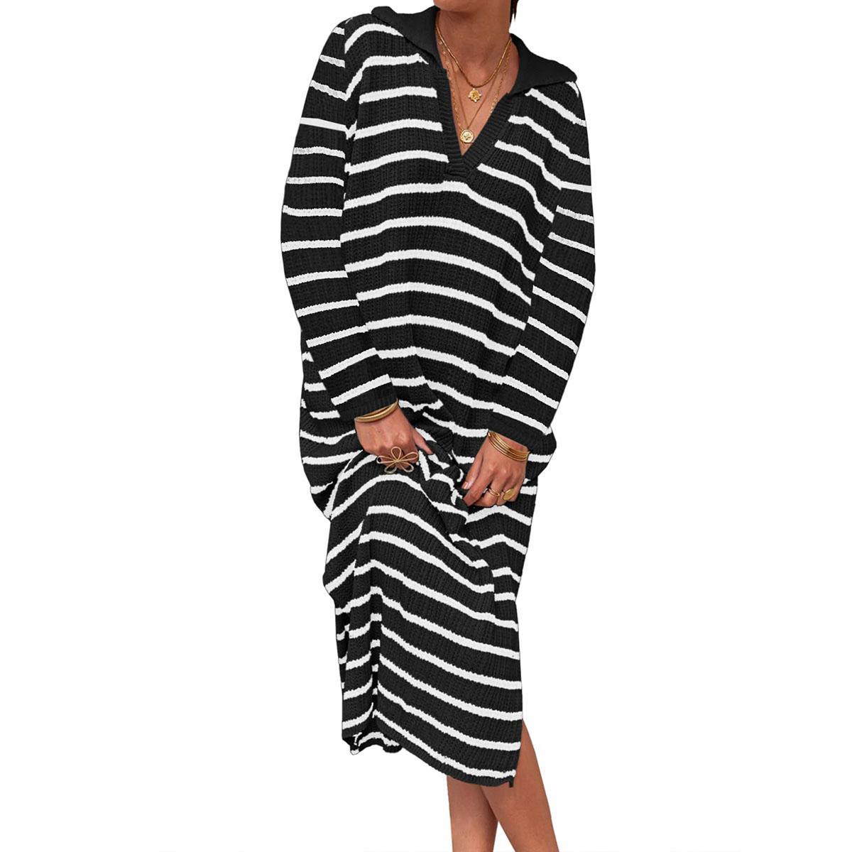 Black-long sleeve Imily Bela Womens Striped Summer Dresses Short Sleeve V Neck Knit Collared Sexy Slit Loose Maxi Sweater Dress