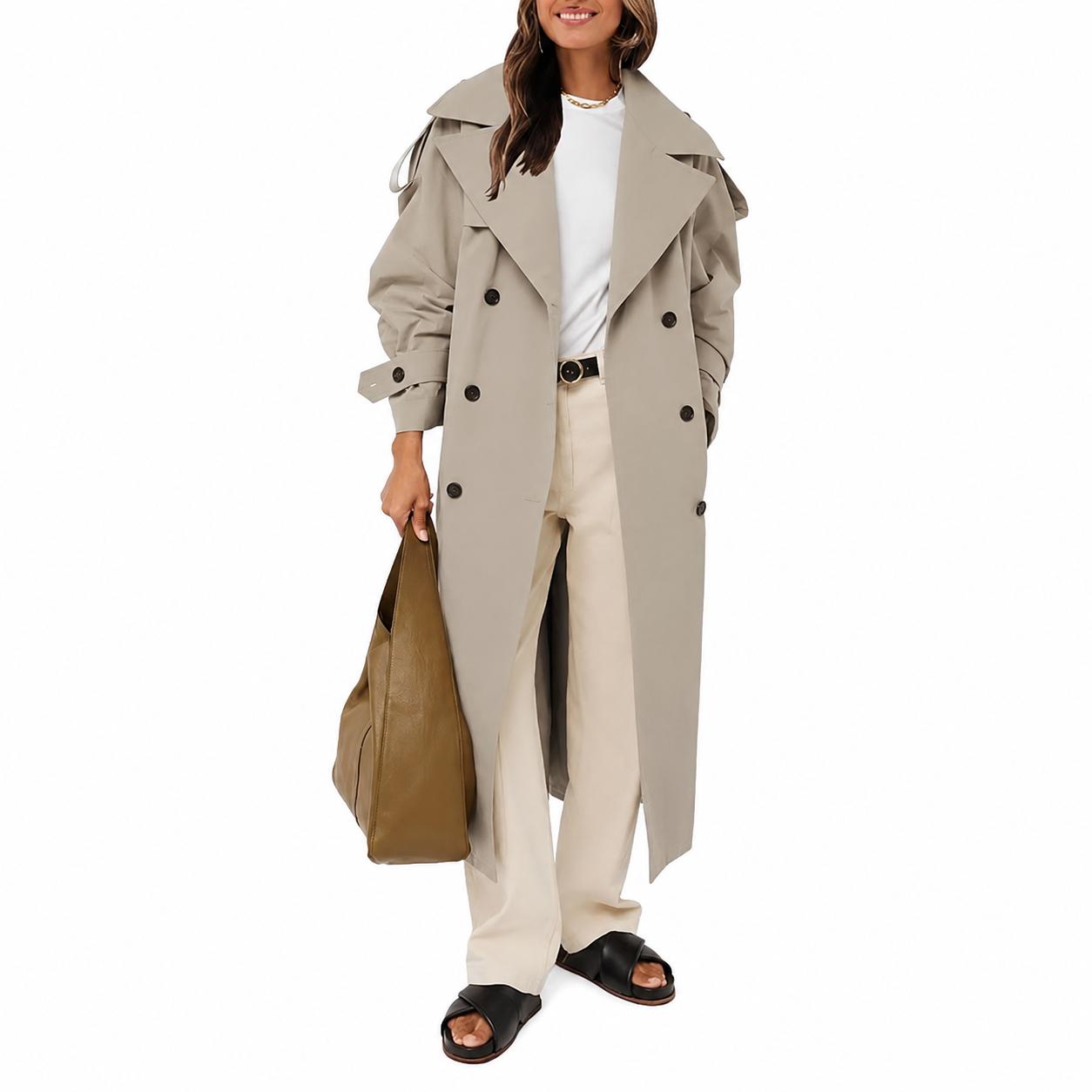 Light khaki Imily Bela Womens Oversized Long Trench Coat Double Breasted Lapel Windproof Overcoat with Belt