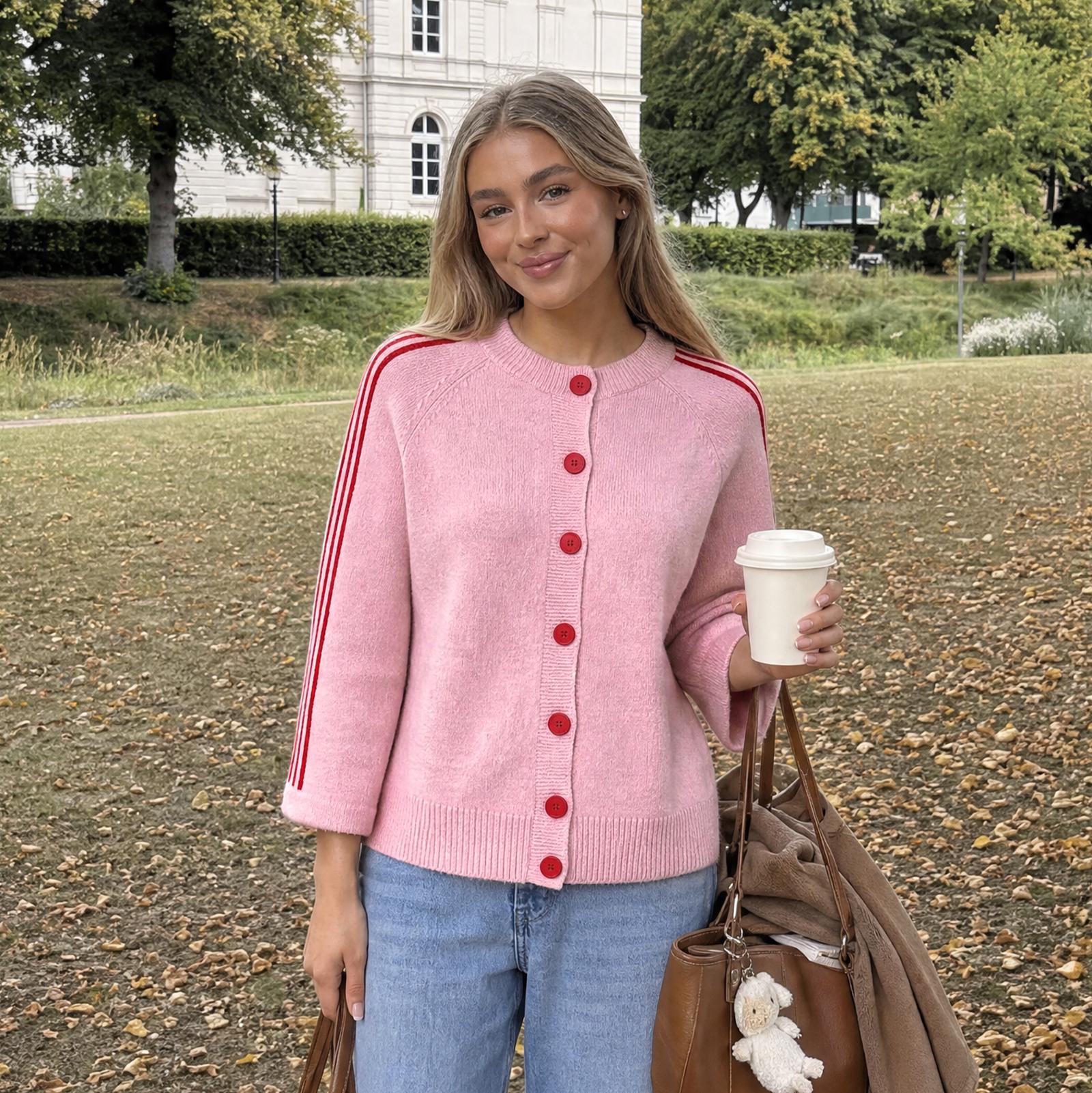 Imily Bela Women Striped 3/4 Sleeve Knit Cardigan Casual Crew Neck Button Down Cropped Sweater Jacket Y2K Fall Outfits Striped Knitted Cardigan Knitting Cardigan