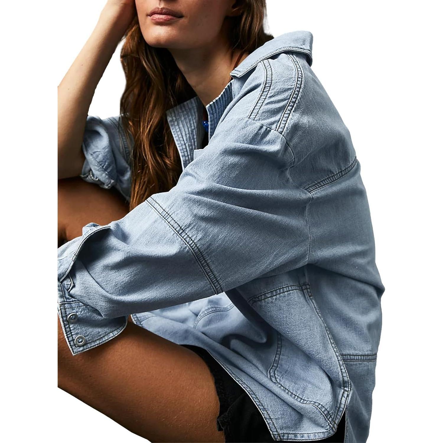 Imily Bela S~2XL Womenswear FallFreshness Denim Pullover Casual Comfort Button V Neck Blouse Loose Fit Tops Longsleeves Jean Jacket With Pocket