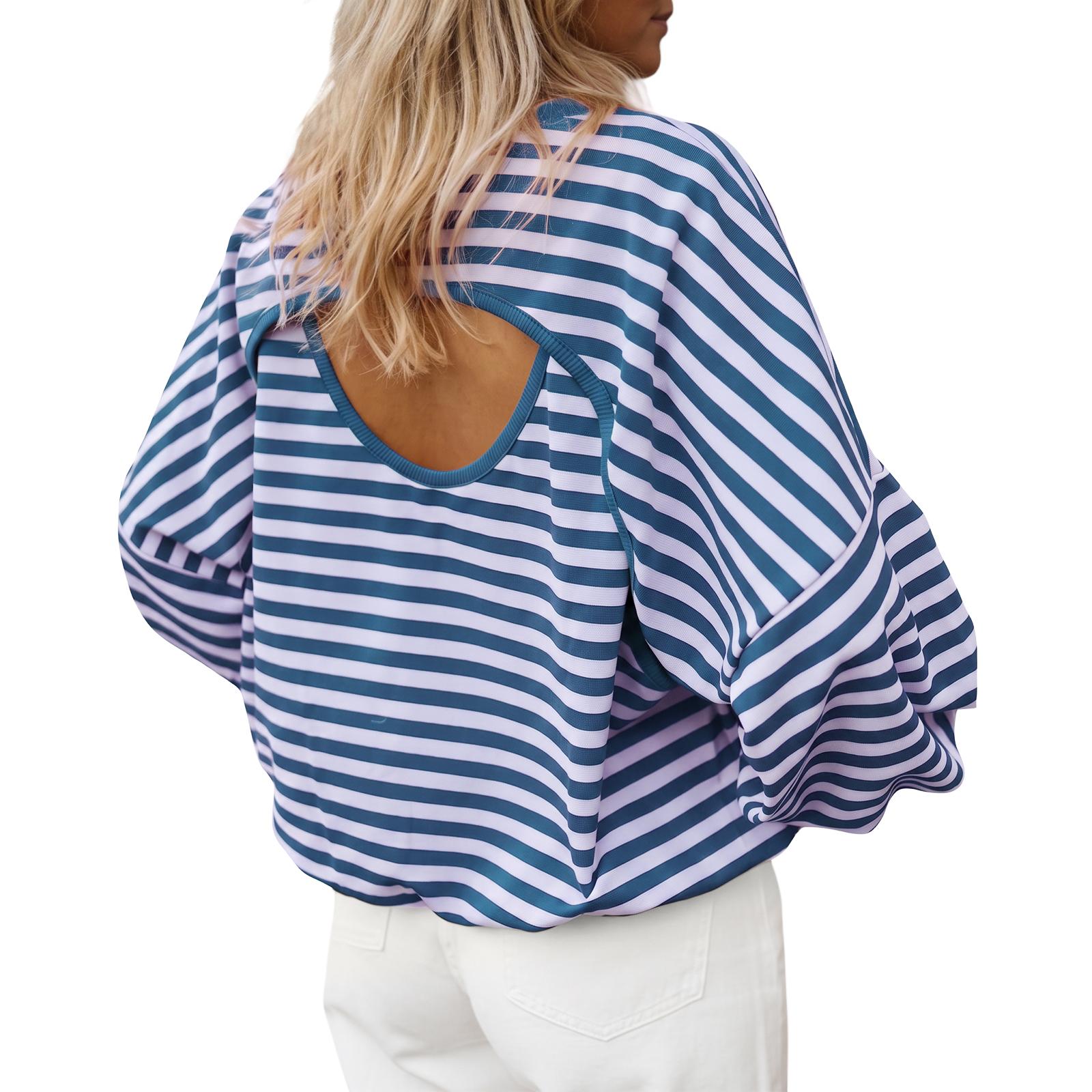 Purple Imily Bela Women’s Striped Oversized Pullover Sweatshirt, Open Back Design, 2026 Cutout Back Pullover Top, Fashion Casual Long Sleeve Shirt