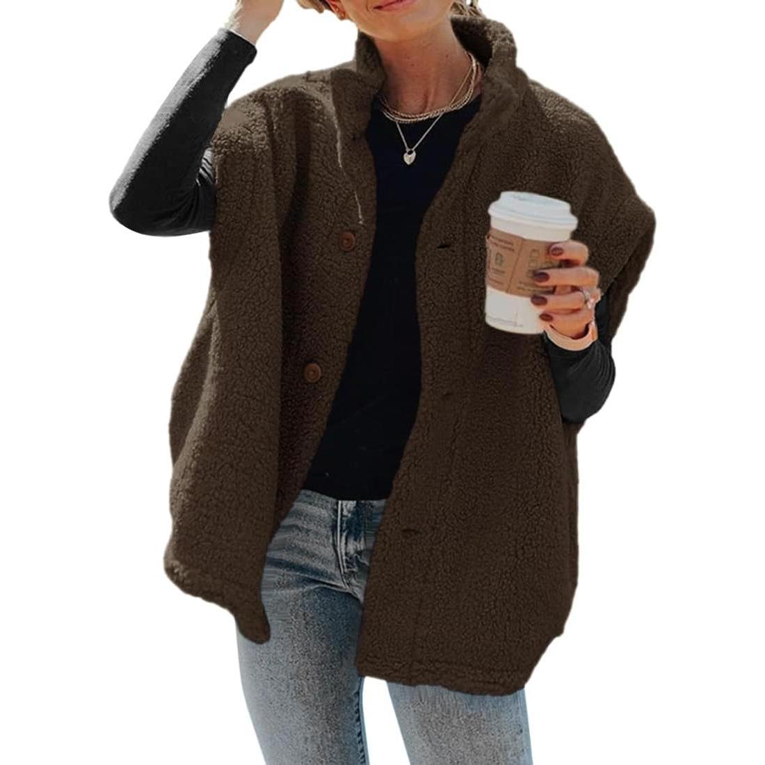 Coffee Imily Bela Womens Fuzzy Fleece Vest Casual Oversized Warm Button Down Sherpa Vest Jacket with Pockets