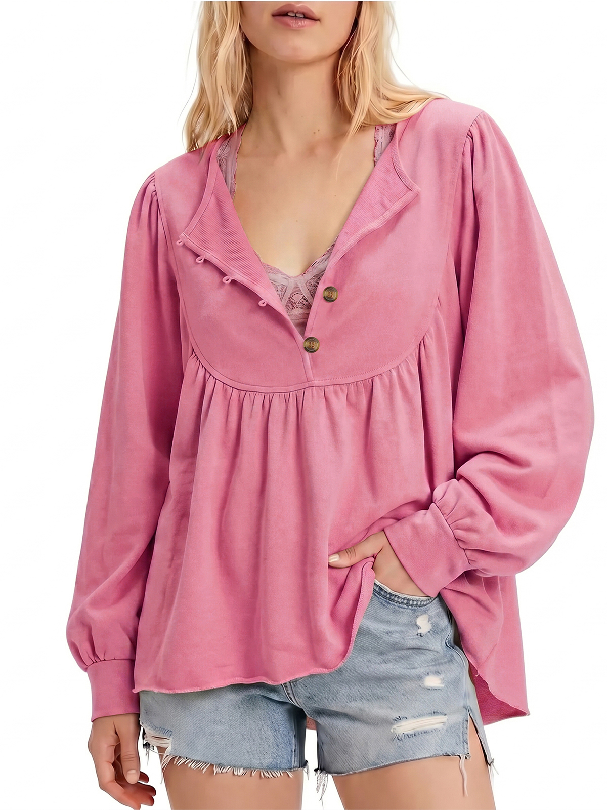 Imily Bela Raw-Hem Babydoll Henley Top