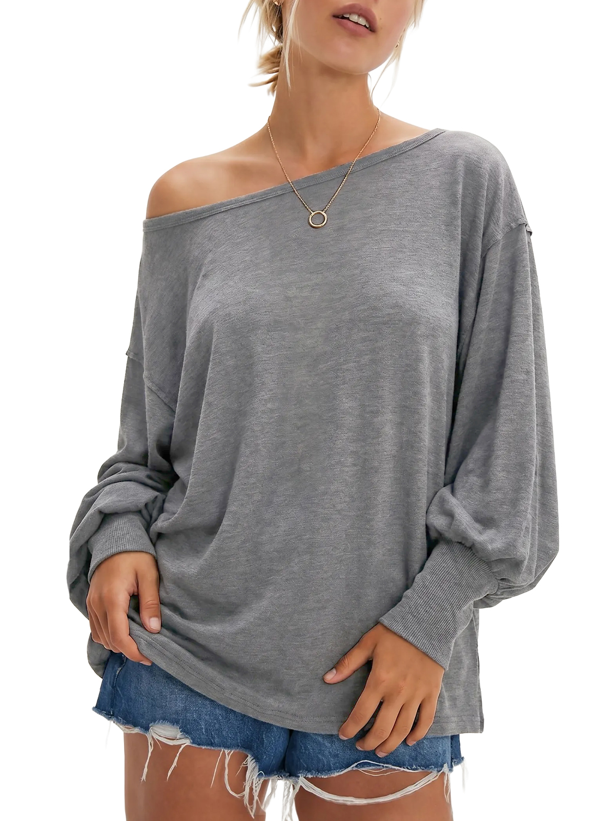 Wide-Neck Slouchy Ribbed-Cuff Top