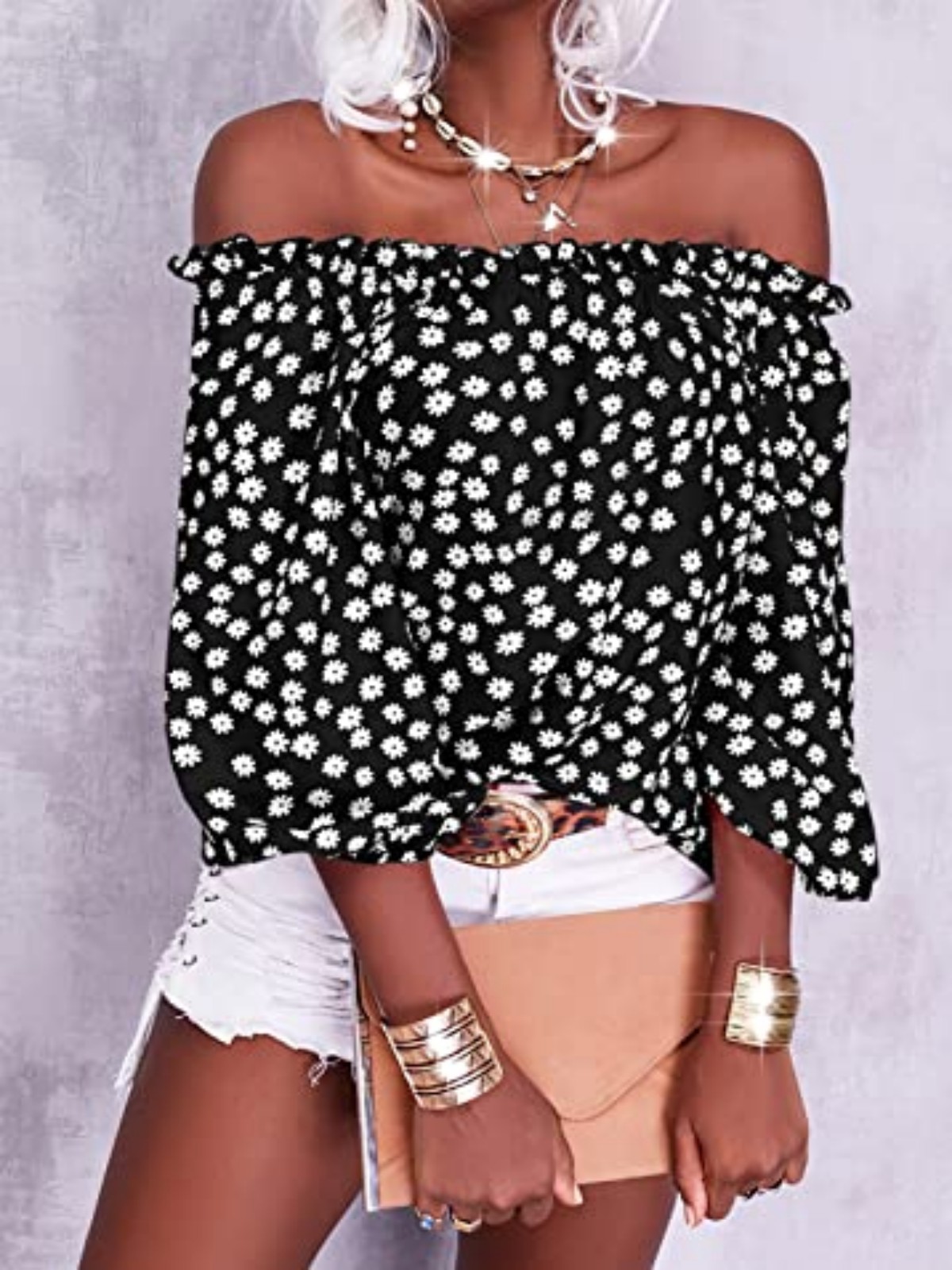 Imily Bela Womens Summer Off Shoulder Blouse Floral Print 3/4 Sleeve Casual Chiffon Tops Shirts