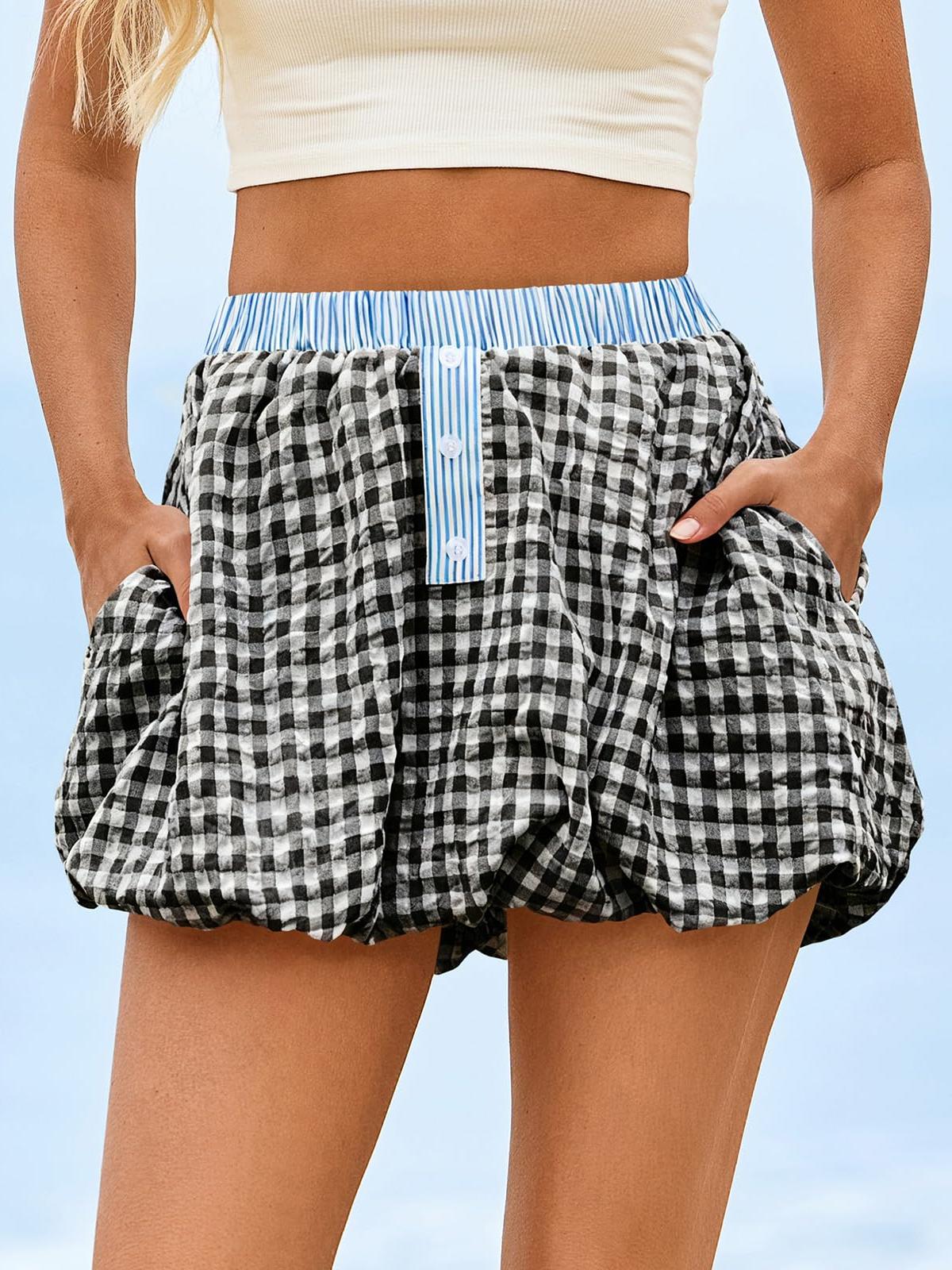 Imily Bela Womens Mini Plaid Bubble Skirts Striped Elastic Waist Cute Skorts Y2k Puffy Skirt with Short Underneath
