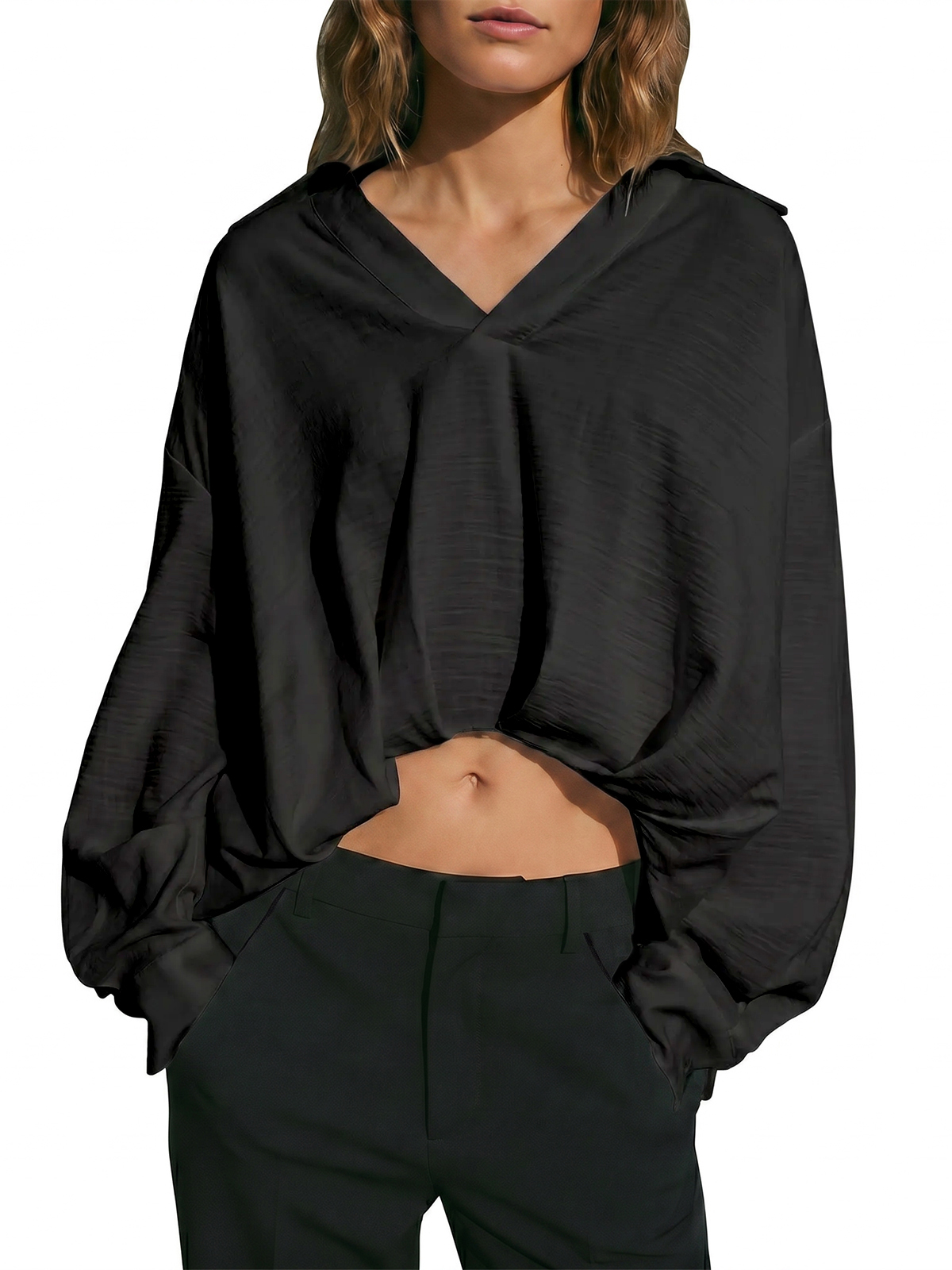 Imily Bela Textured Collared V-Neck Blouse