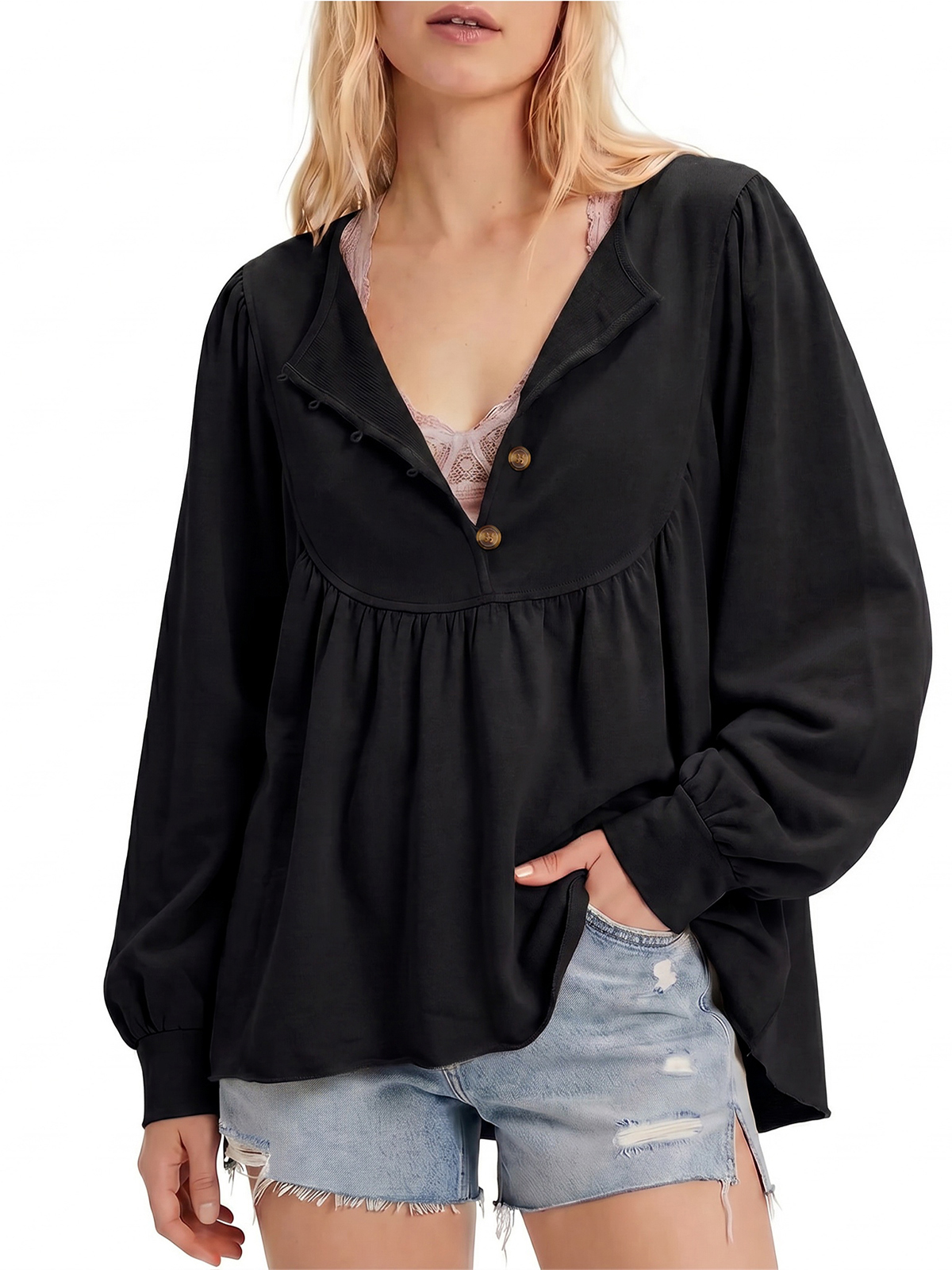 Imily Bela Raw-Hem Babydoll Henley Top