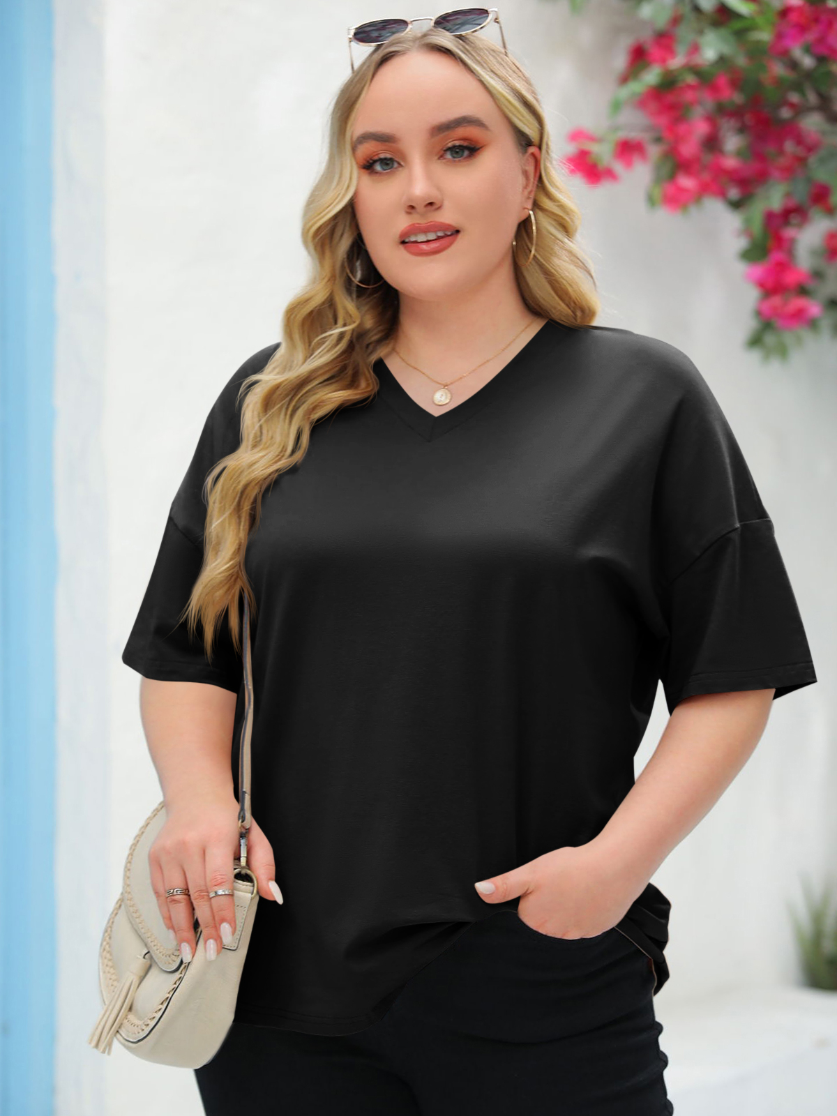 Imily Bela Women's Plus Size V Neck T Shirts Summer Half Sleeve Tees Casual Loose Fit Cotton Tunic Tops