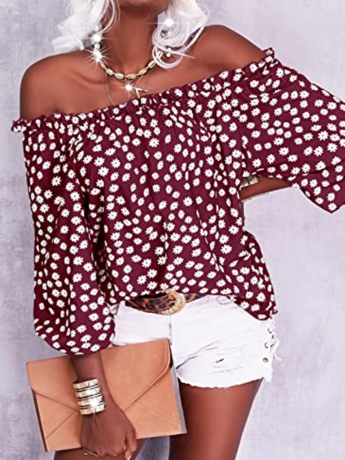 Imily Bela Womens Summer Off Shoulder Blouse Floral Print 3/4 Sleeve Casual Chiffon Tops Shirts