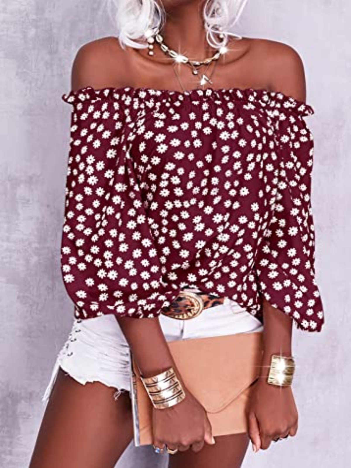 Imily Bela Womens Summer Off Shoulder Blouse Floral Print 3/4 Sleeve Casual Chiffon Tops Shirts