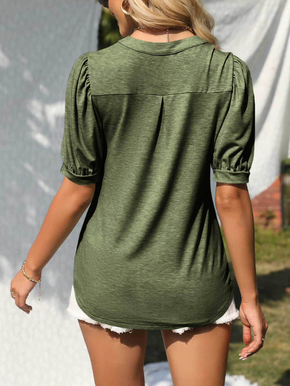 Imily Bela Womens V Neck T Shirts Casual Puff Sleeve Loose Dressy Blouses Summer Tops