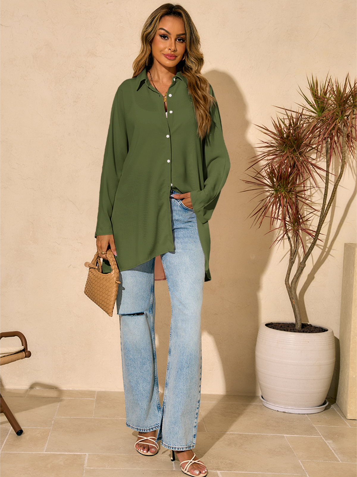 Imily Bela Womens Oversized T Shirts Button Down Long Sleeve Shirt V Neck Collar Loose Flowy Blouse